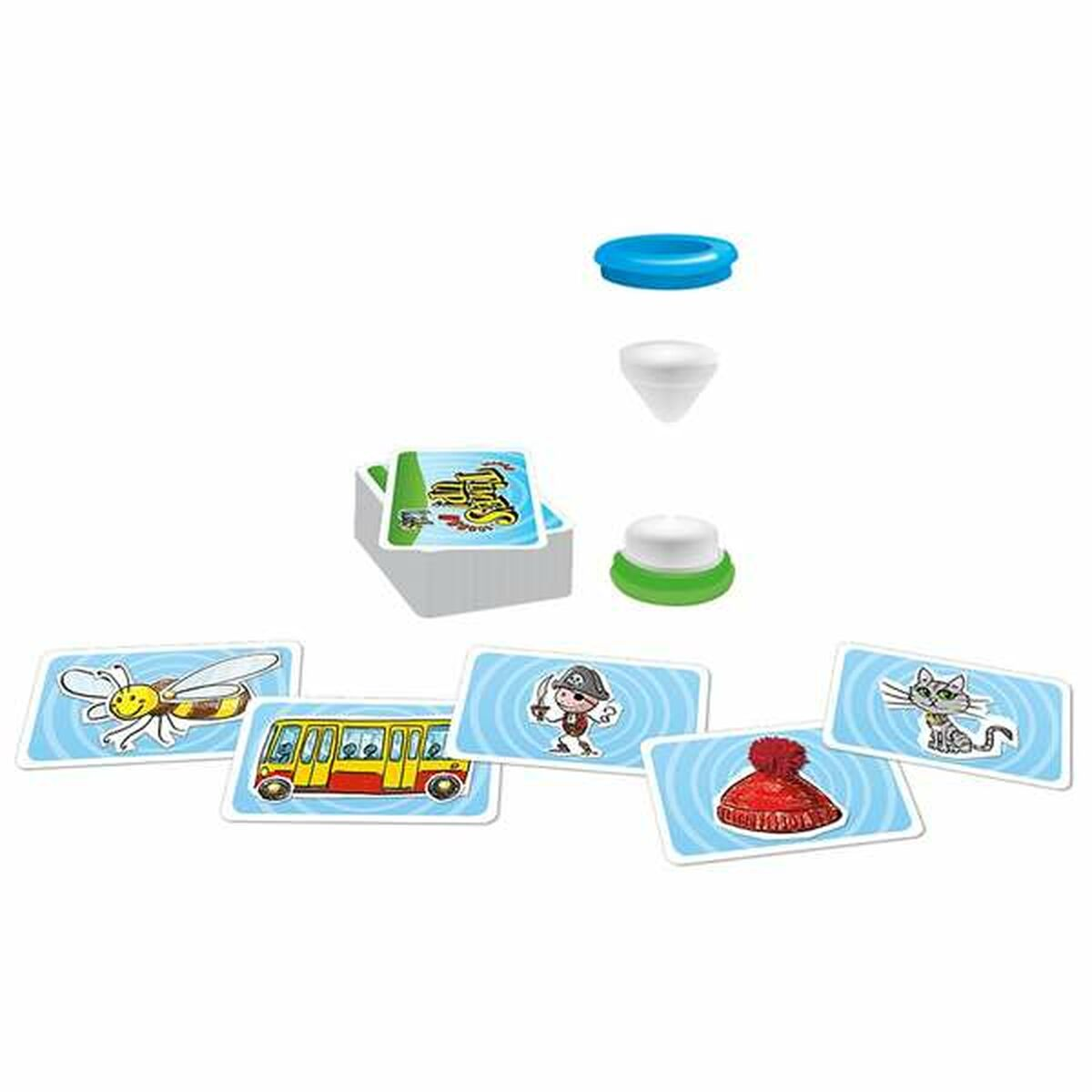Karten, Timer und andere Spielsteine aus dem Times Up! Kids-Spiel mit Cartoon-Bildern.