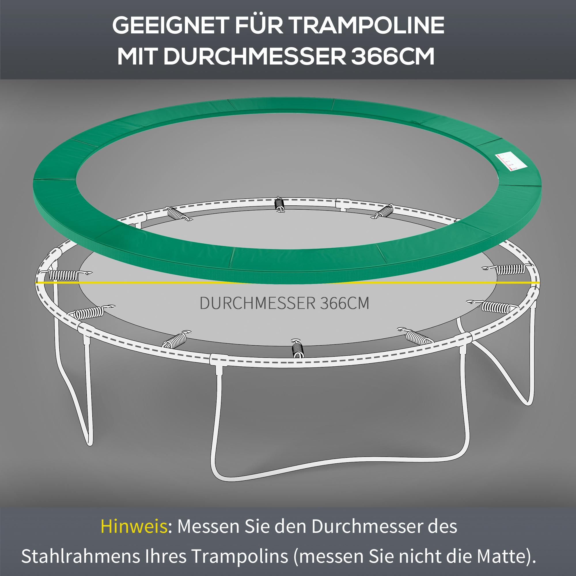 Ein grünes Trampolin-Pad, das für ein Trampolin mit 366 cm Durchmesser geeignet ist, wird in einem Diagramm gezeigt.