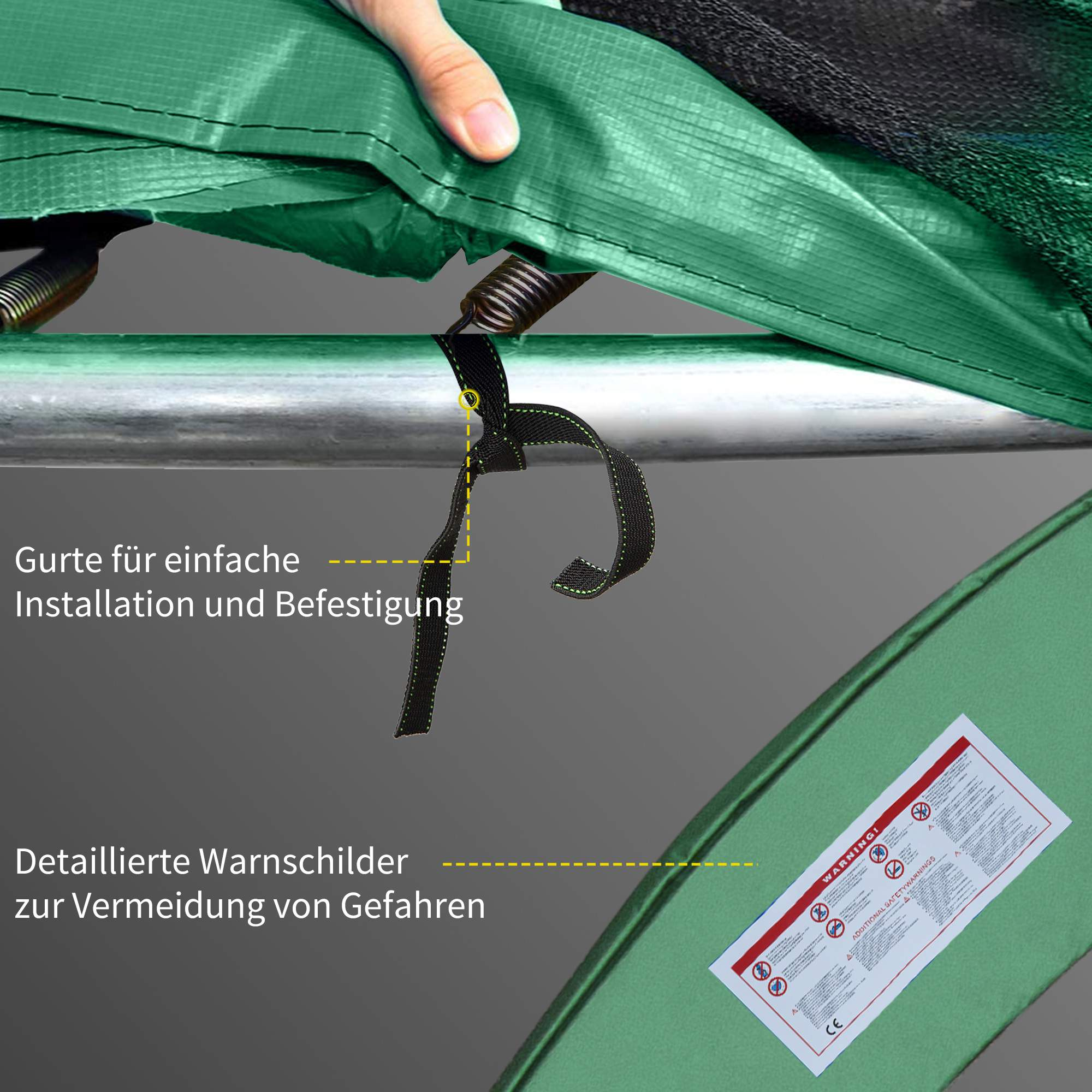 Nahaufnahme eines Trampolins mit Gurten und Warnhinweisen, mit Blick auf den Befestigungsmechanismus.
