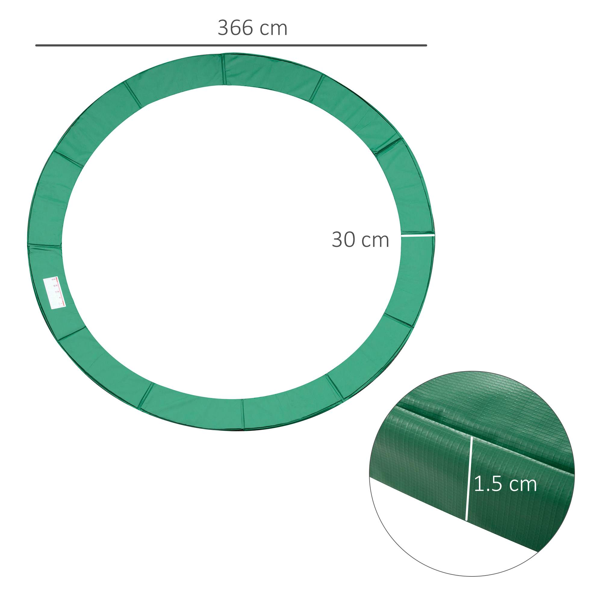 Ein grünes Trampolin-Pad mit den Maßen 366 cm Durchmesser und 30 cm Breite.