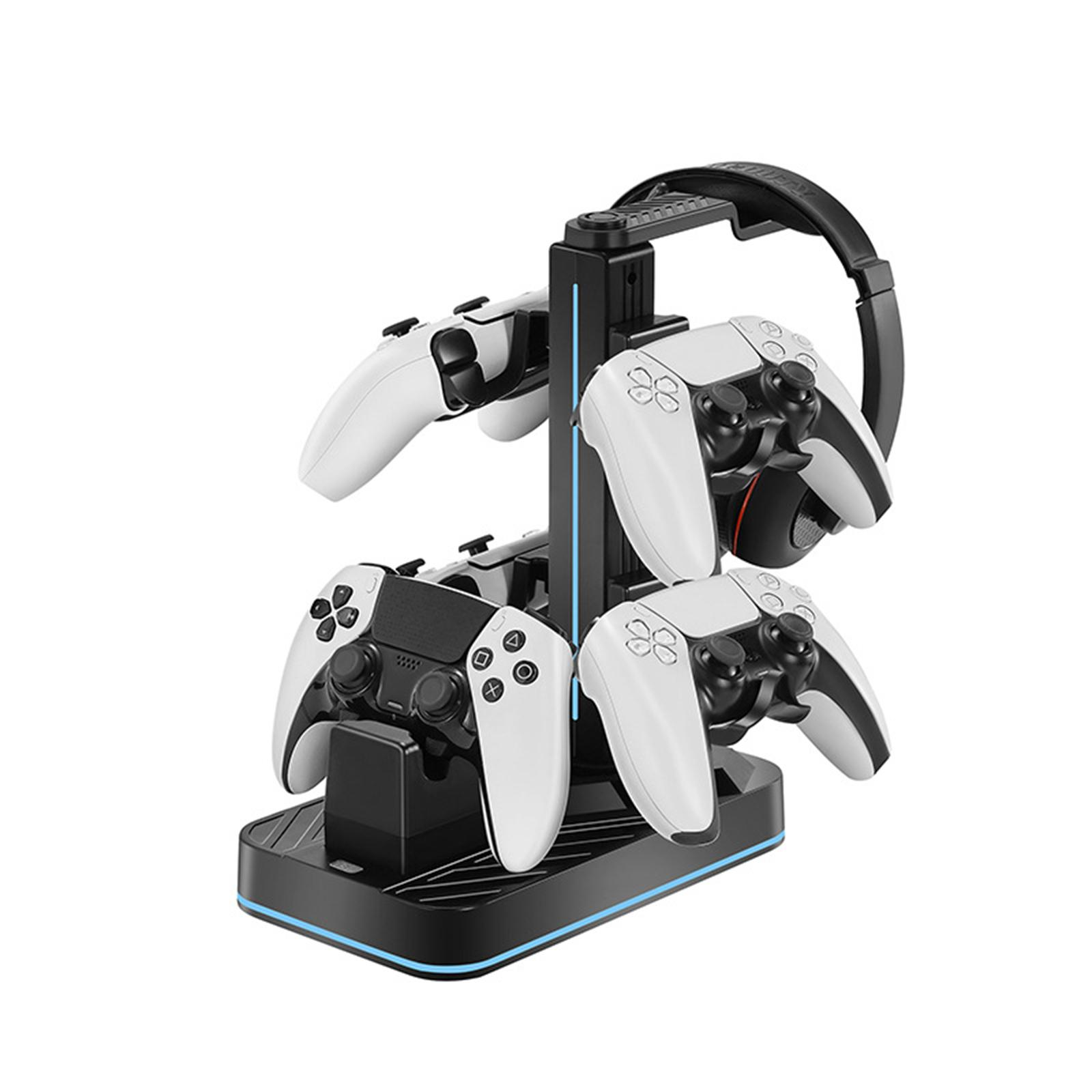 Schwarz-weißer Gaming-Controller-Ständer mit Controllern und Headset. Blaue Akzente.