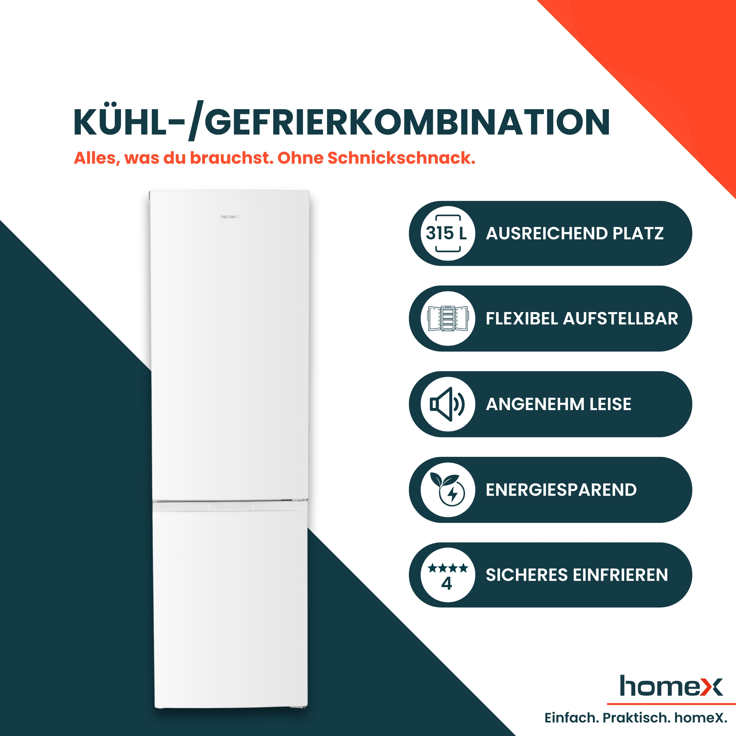 Weißer Kühl-Gefrierschrank. Text-Overlay: KÜHL-/GEFRIERKOMBINATION, 315 L, flexibel, leise, energiesparend, sicheres Einfrieren.
