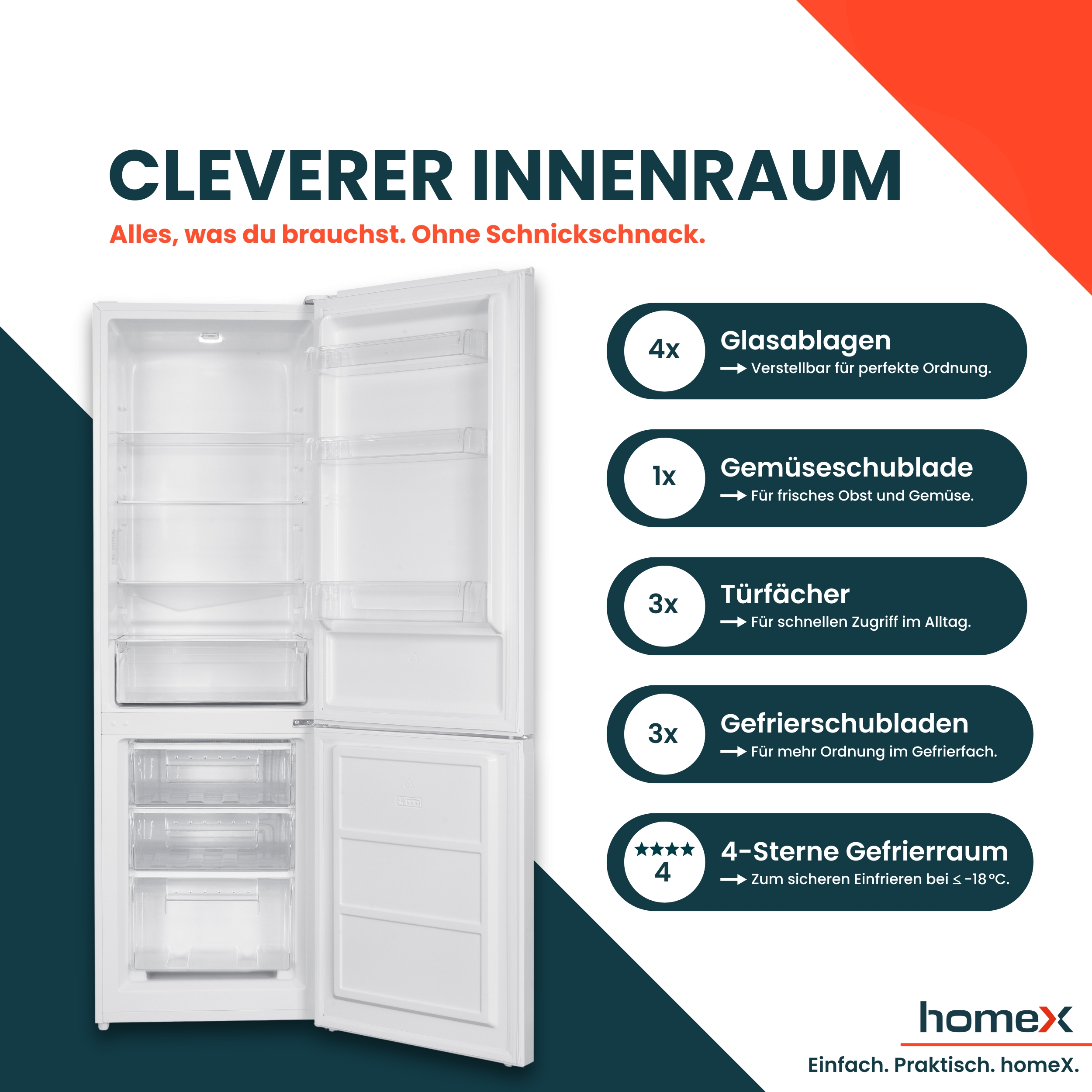 Weißer Kühlschrank, geöffnet. Text-Overlay: CLEVERER INNENRAUM, 4x Glasböden, Gemüseschublade, Türfächer, Gefrierschubladen.