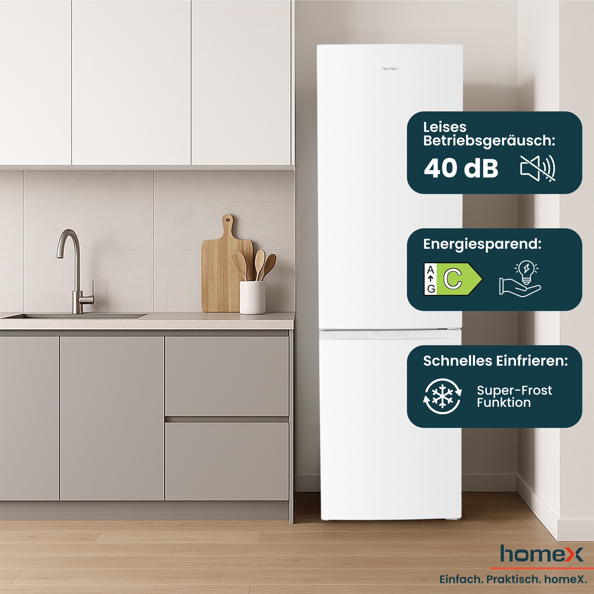 Ein weißer Kühlschrank mit Text, der geringe Geräusche, Energieeffizienz und Schnellgefrierfunktionen anzeigt.