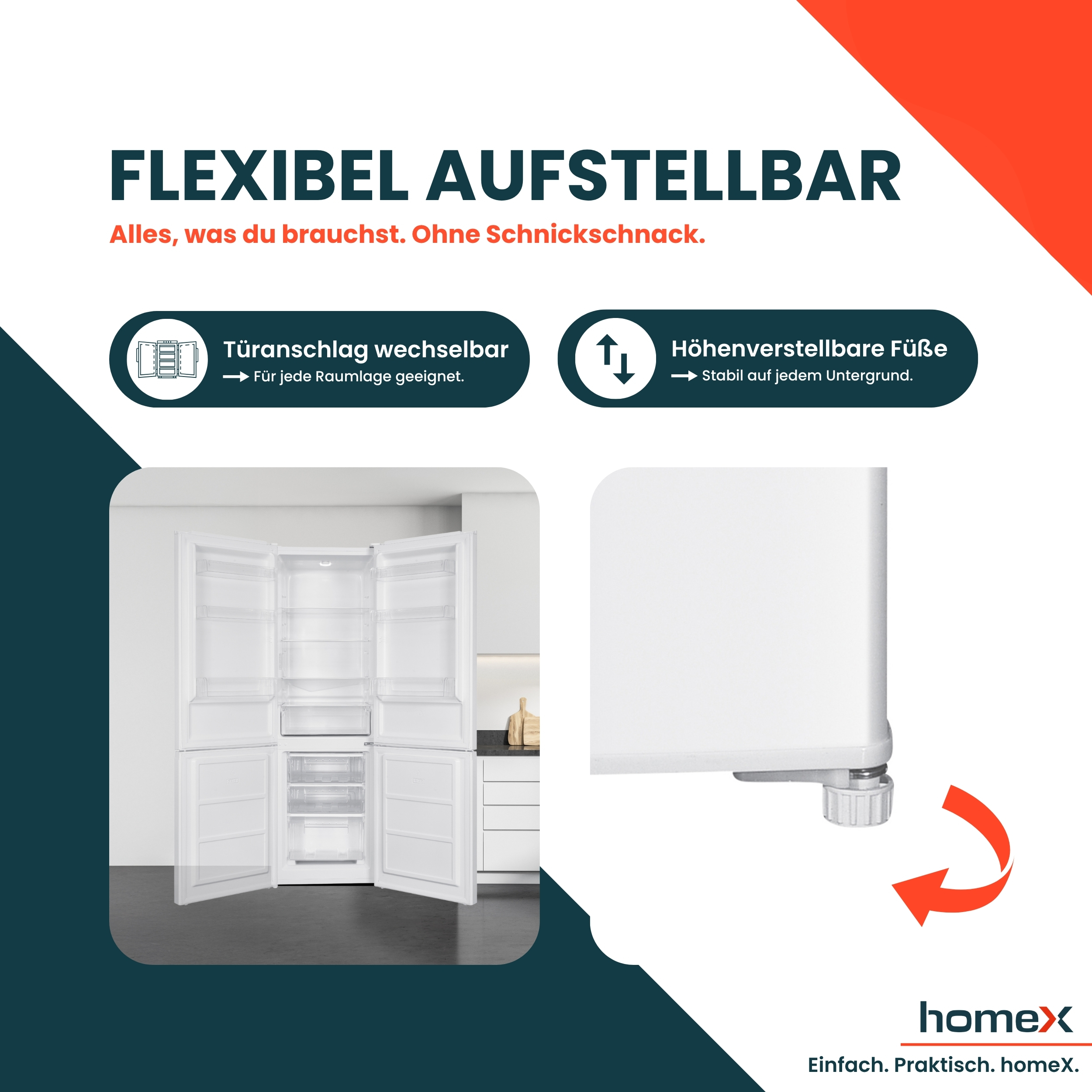 Weißer Kühlschrank mit geöffneten Türen, verstellbaren Füßen, Text auf Deutsch, HomeX Logo.