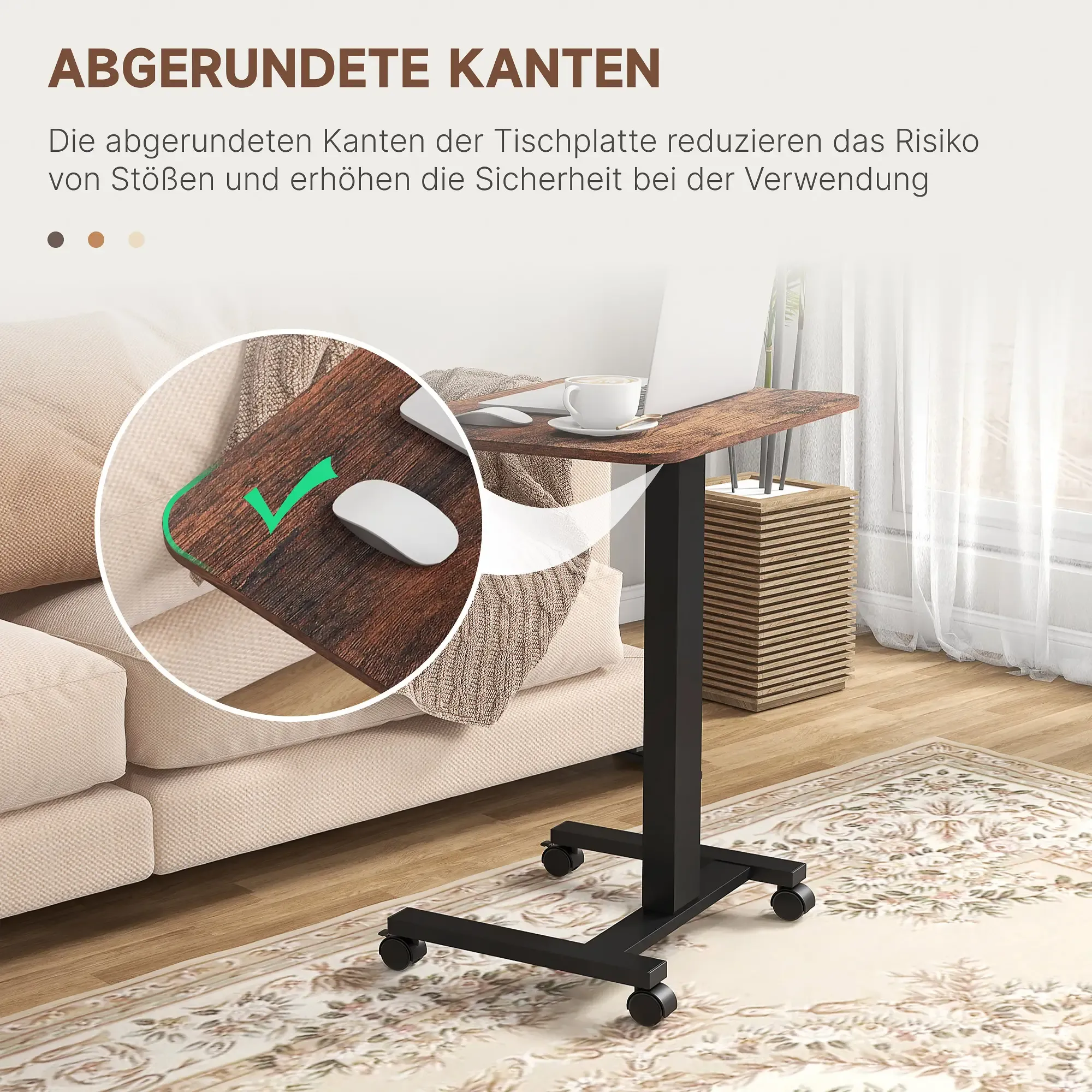 Rollender brauner Tisch mit Laptop, weißer Maus und Tasse. Ein Kreis markiert eine Ecke.