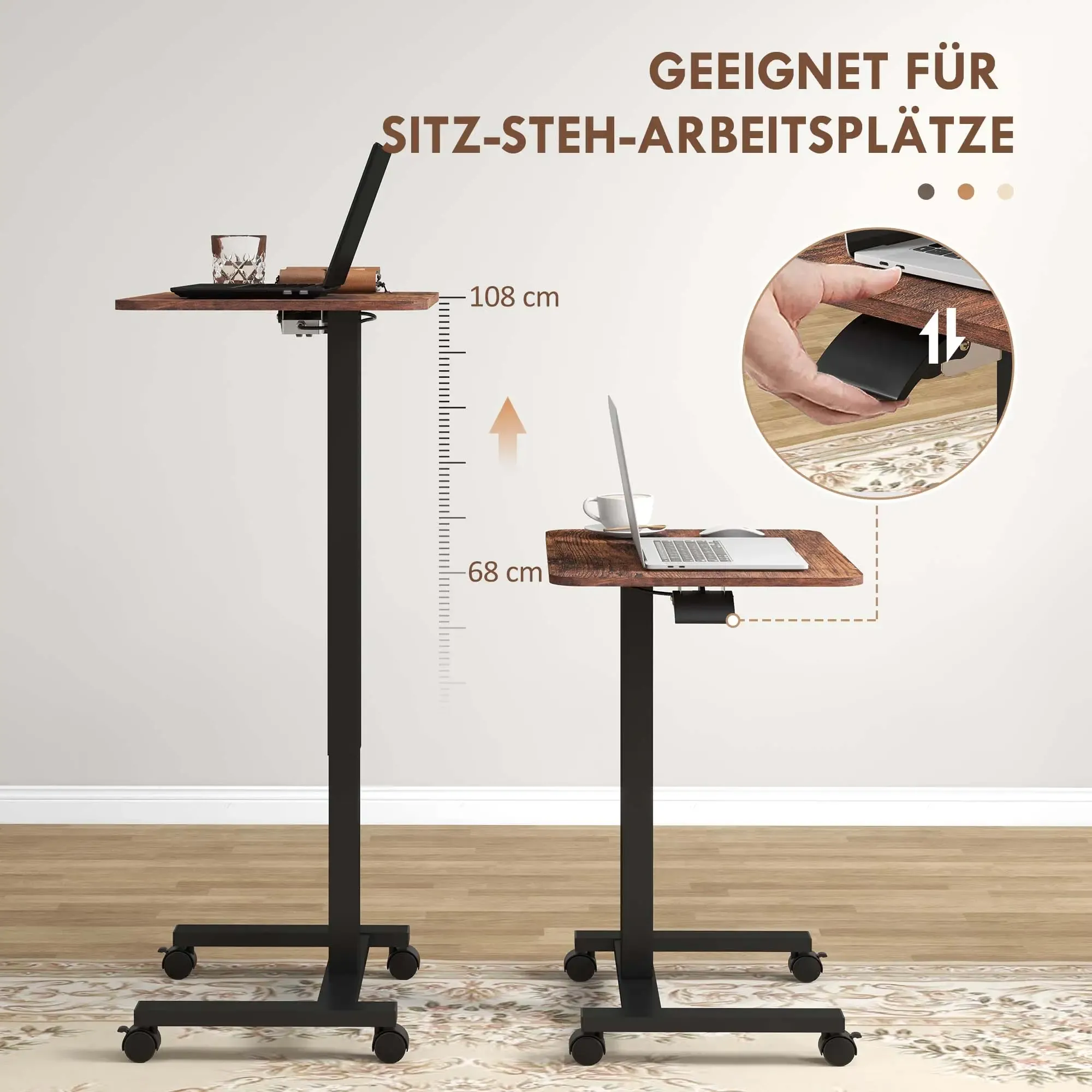 Zwei höhenverstellbare Tische. Einer ist voll ausgefahren. Zeigt ein Lineal mit Messungen von 68 cm bis 108 cm.