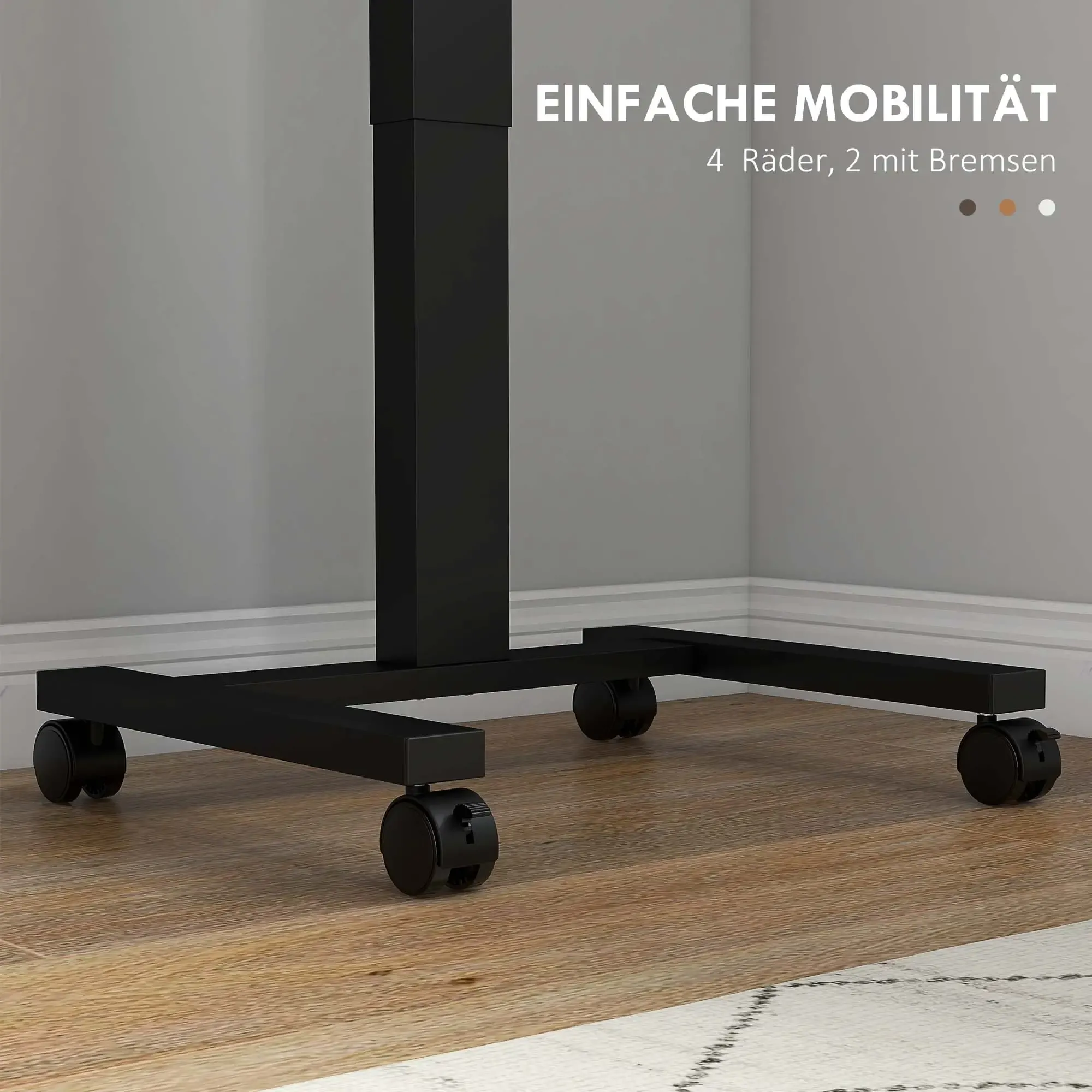 Eine Nahaufnahme eines schwarzen Untergestells mit Rädern. Es ist ein Untergestell für einen Tisch.