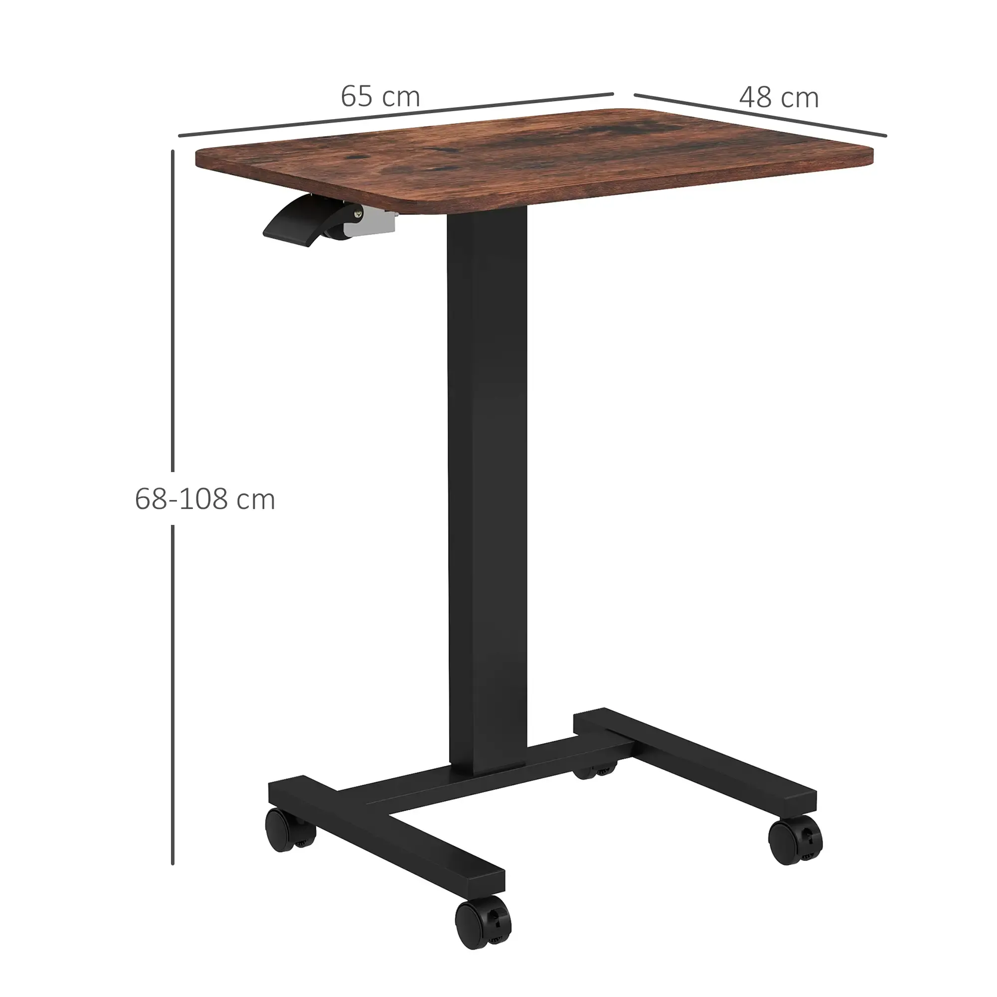 Höhenverstellbarer Tisch. Zeigt Abmessungen: 65 cm Breite, 48 cm Tiefe und 68-108 cm Höhe. Schwarzer Rahmen.