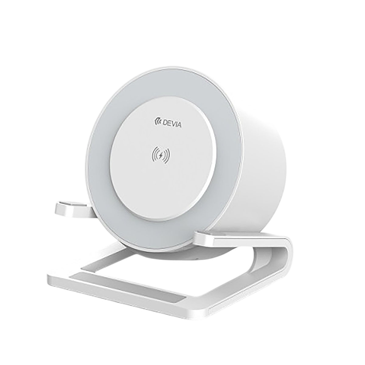 Chargeur sans fil blanc sur un support. Le chargeur a un anneau lumineux.