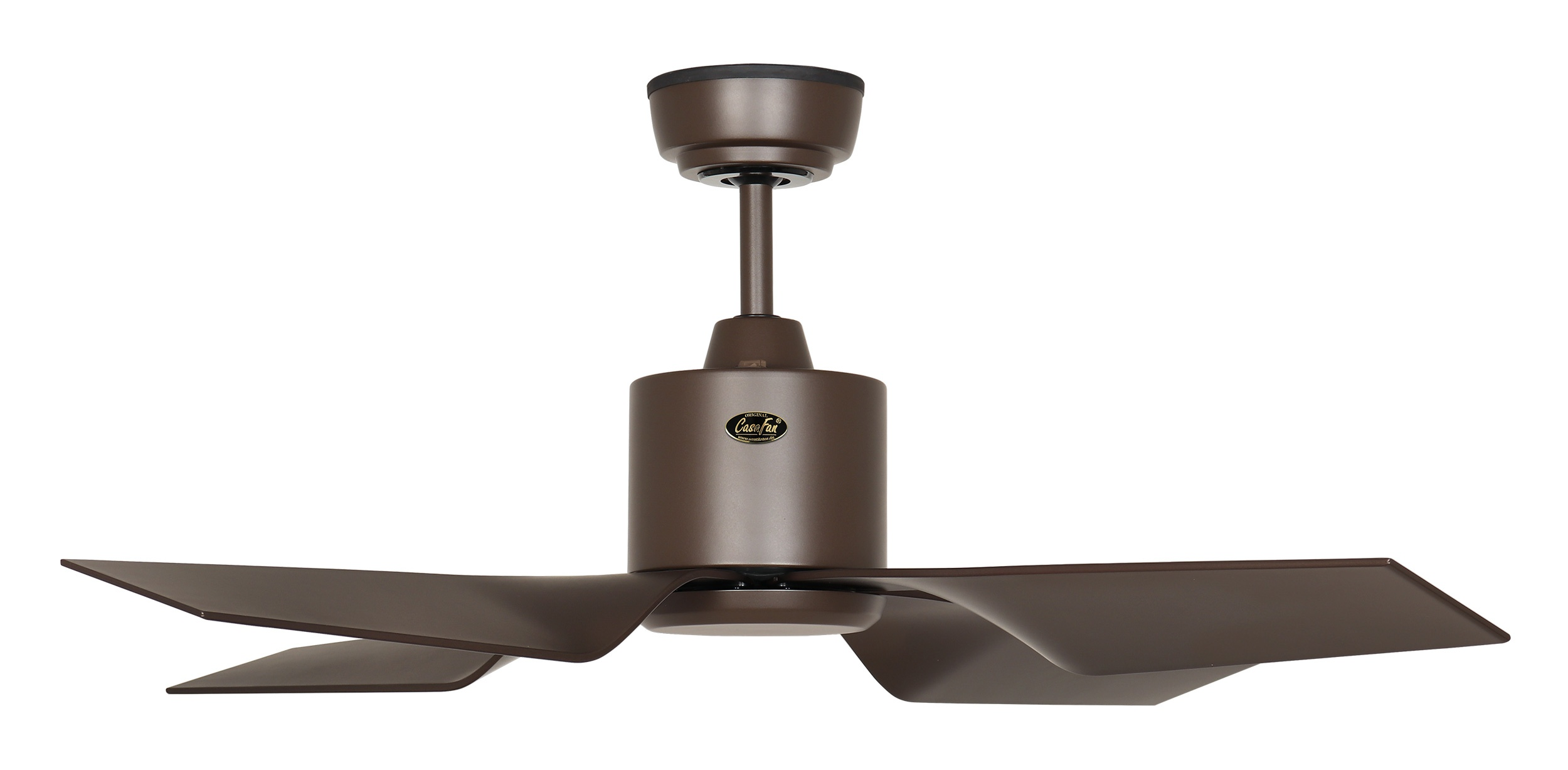 Ein brauner Deckenventilator mit zwei Flügeln vor weißem Hintergrund.