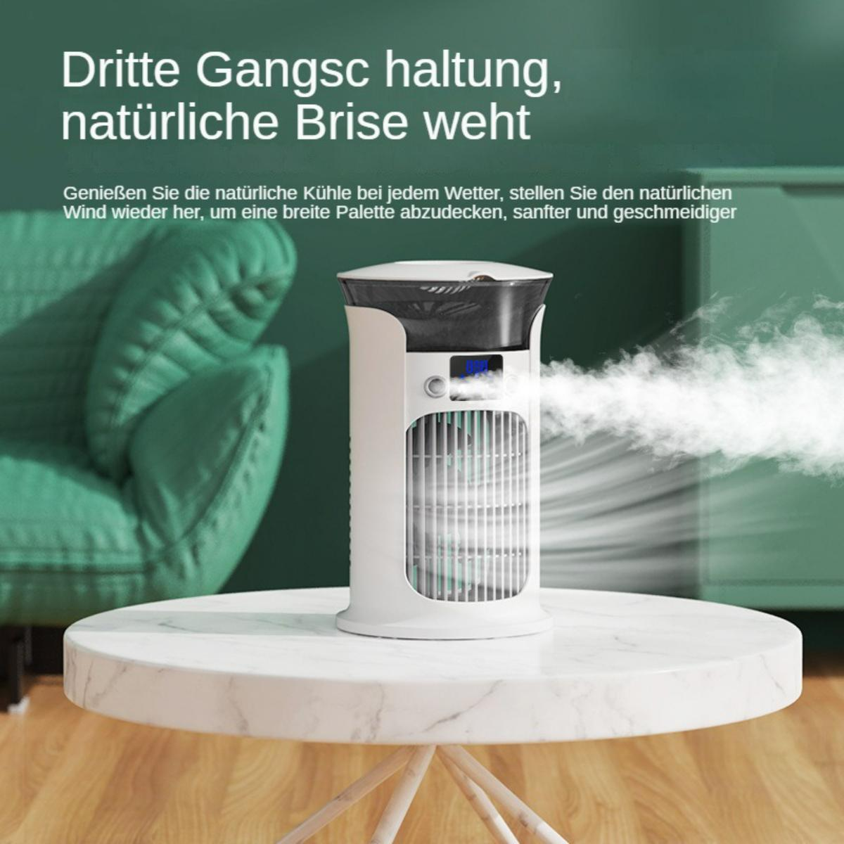 Ein weißer Ventilator, der Dampf auf einem Marmortisch abgibt, mit deutschem Text über die Brise.