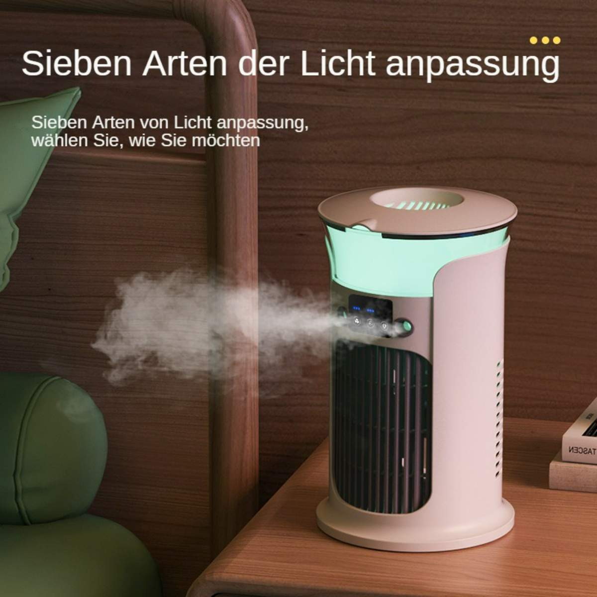 Ein weißer Ventilator, der Dampf abgibt, mit grünem Licht und deutschem Text zur Lichteinstellung.