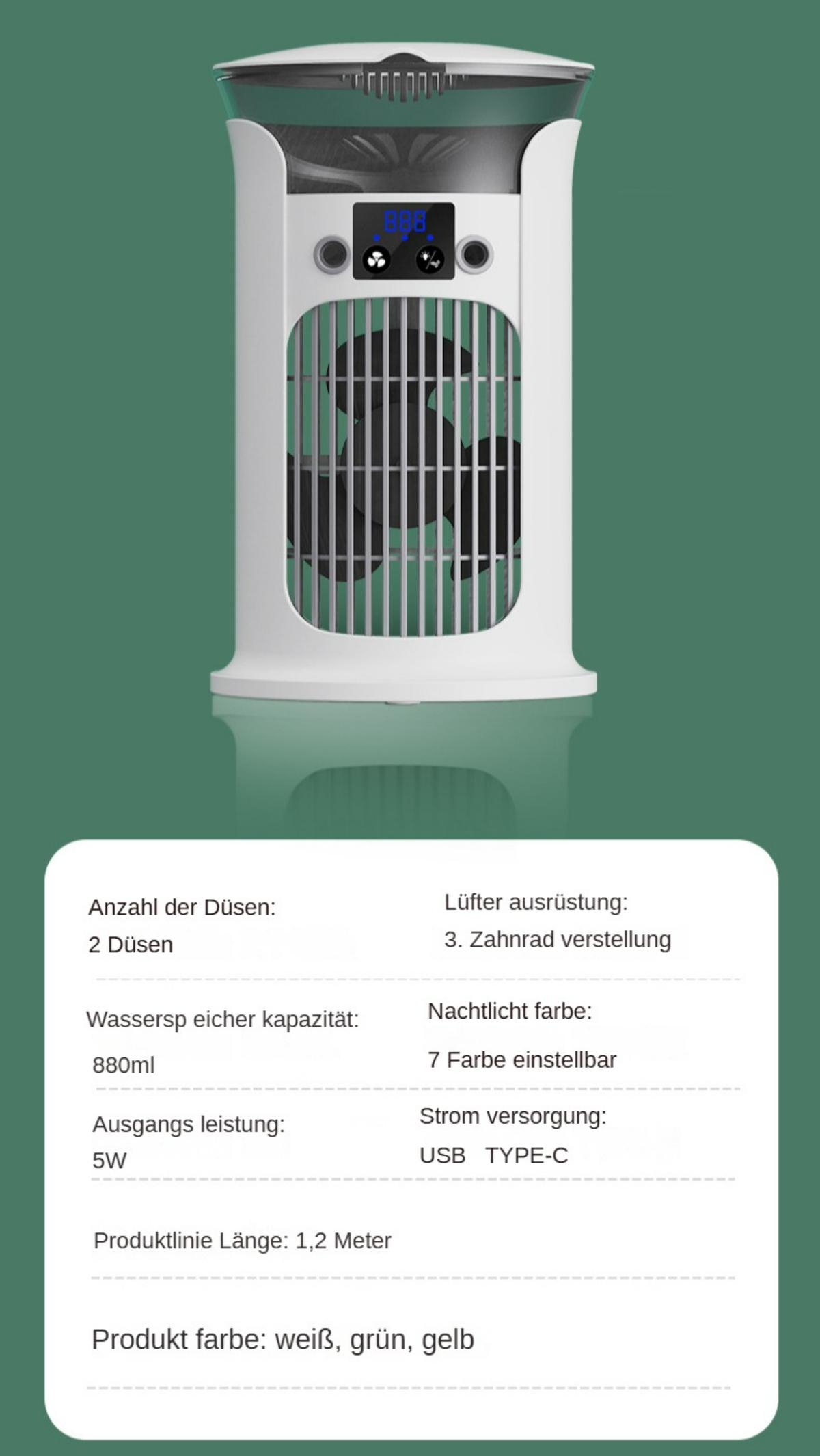 Ein weißer Ventilator mit grünem Oberteil, der Dampf abgibt, zusammen mit Spezifikationen auf Deutsch.