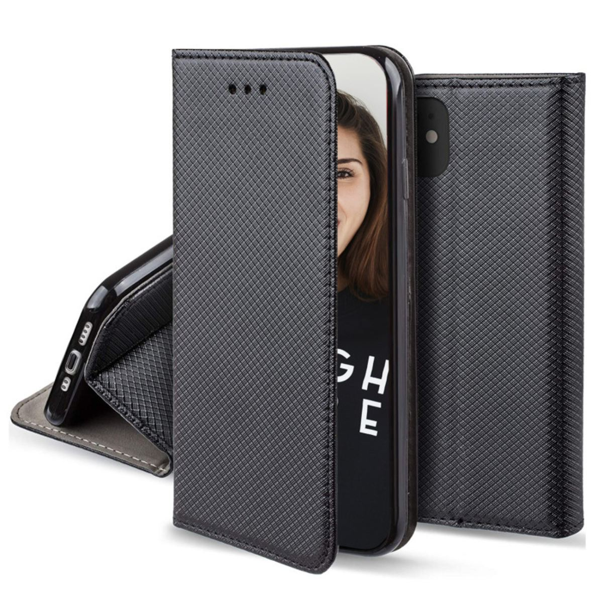 Custodia per telefono nera aperta per rivelare un telefono con la foto di una donna sorridente. Interno grigio ed esterno nero.