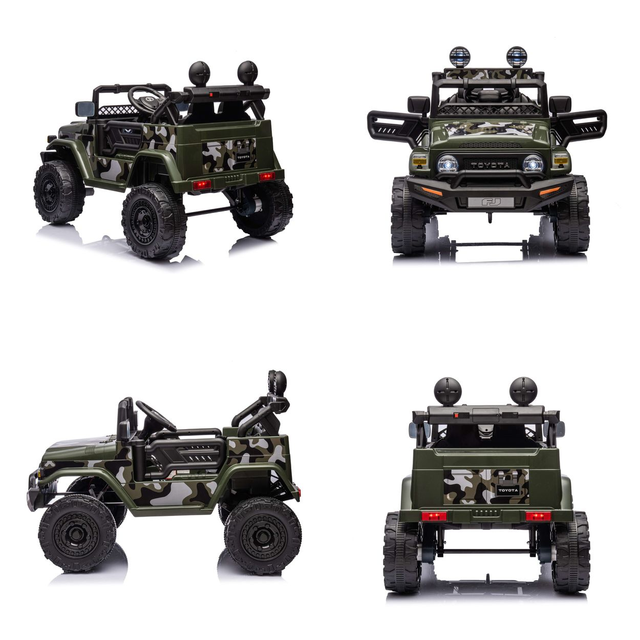 Ein Spielzeugauto mit Tarnmuster. Es ist ein grünes Spielzeugauto mit schwarzen Rädern. Mehrere Ansichten werden gezeigt.