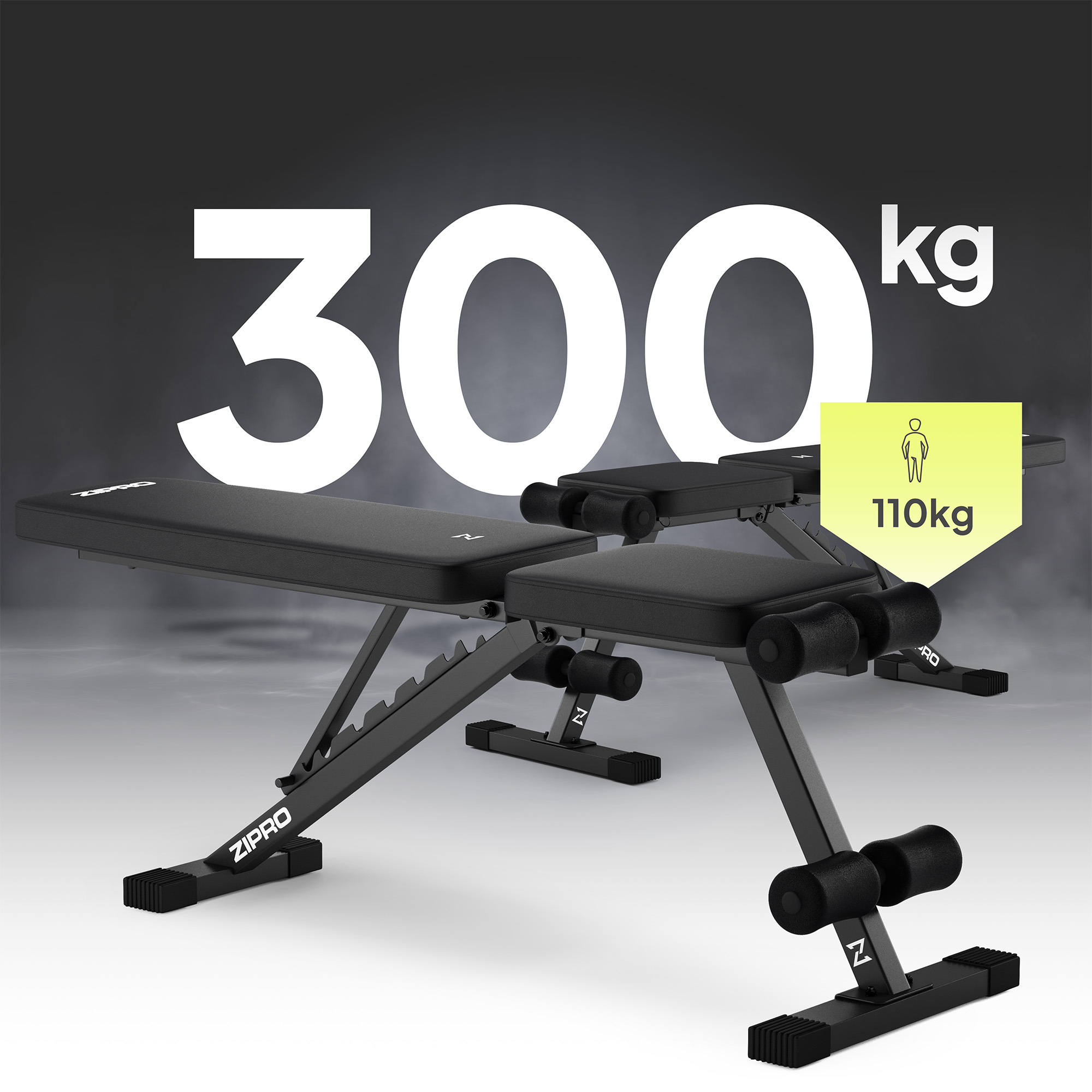 Schwarze Hantelbank mit Personensymbol und Text, der eine Tragfähigkeit von 300 kg und ein Benutzerlimit von 110 kg angibt.