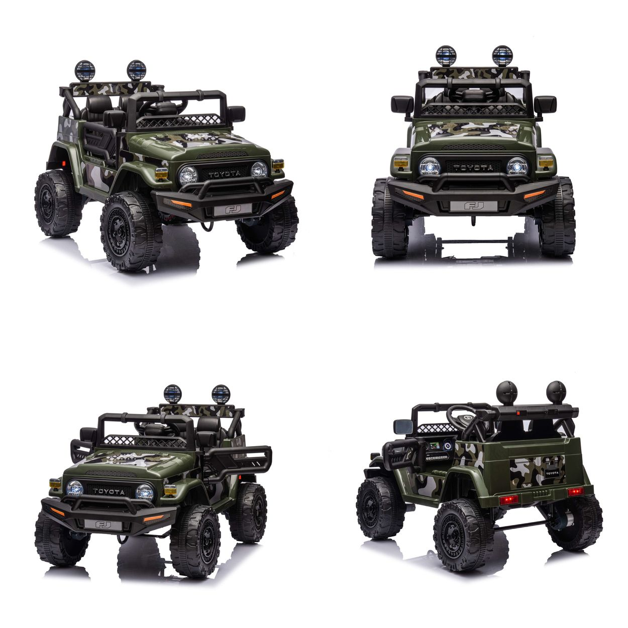 Grüner Spielzeug-Jeep mit schwarzen Akzenten, Scheinwerfern und Überrollbügeln. Vier Ansichten auf weißem Hintergrund.