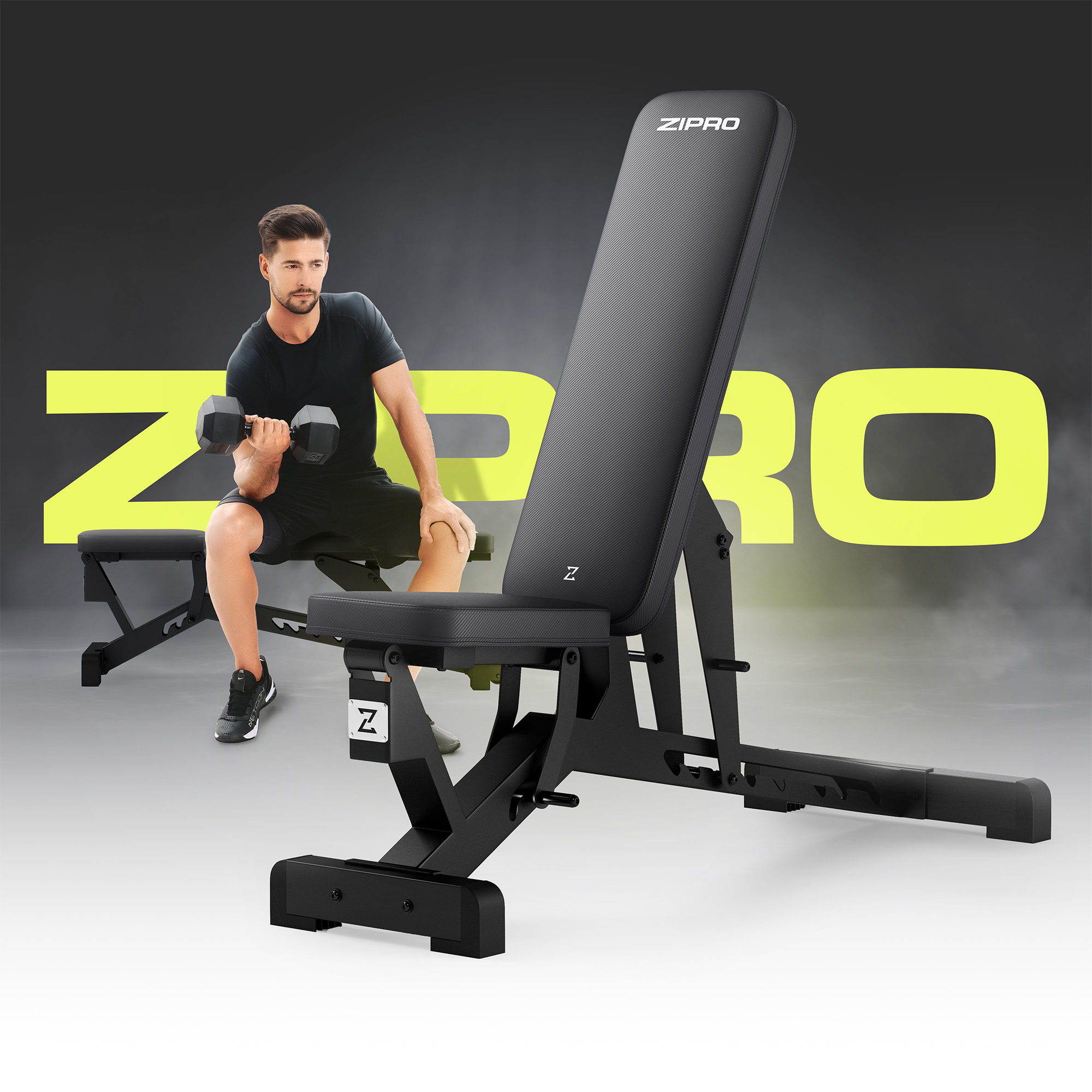 Mann benutzt Kurzhantel auf einer schwarzen Trainingsbank, mit einem großen 'ZIPRO' dahinter.