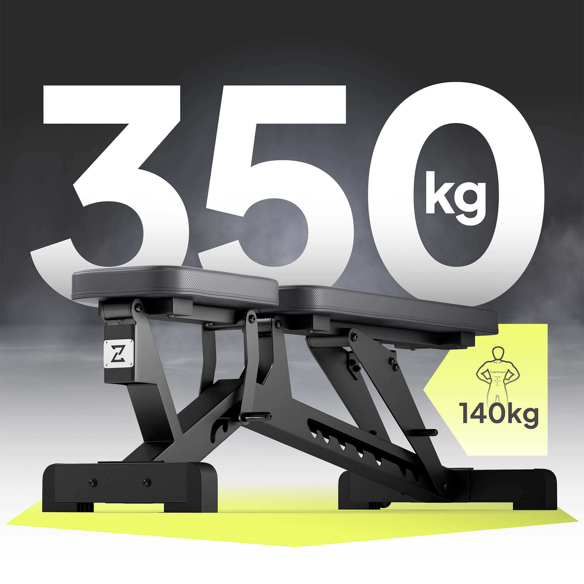 Schwarze Trainingsbank mit einer Gewichtskapazität von 350 kg. Ein Personensymbol zeigt 140 kg Limit.