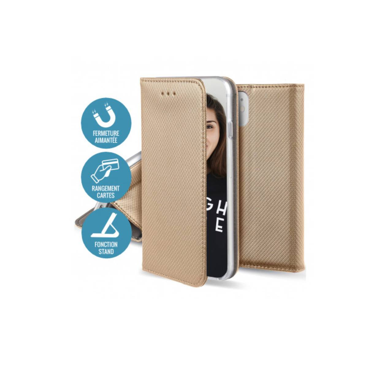 Custodia dorata per telefono con chiusura magnetica, scomparti per carte e funzione stand, volto di donna visibile.
