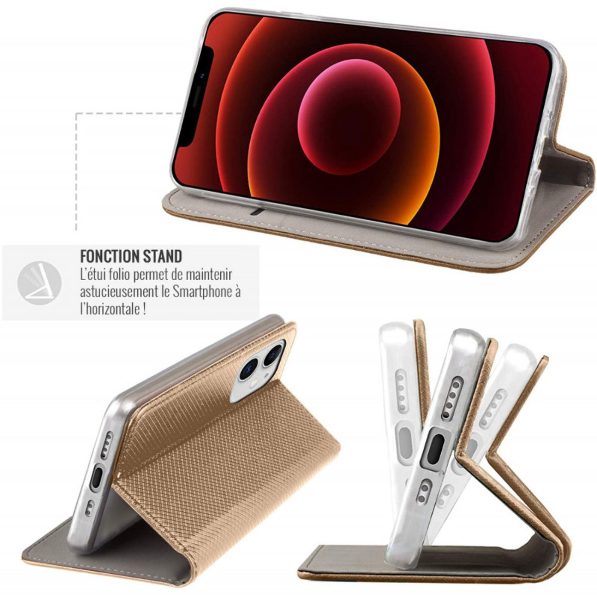 Custodia per telefono piegata in supporto, con un telefono che mostra un design arancione e diverse viste del prodotto.