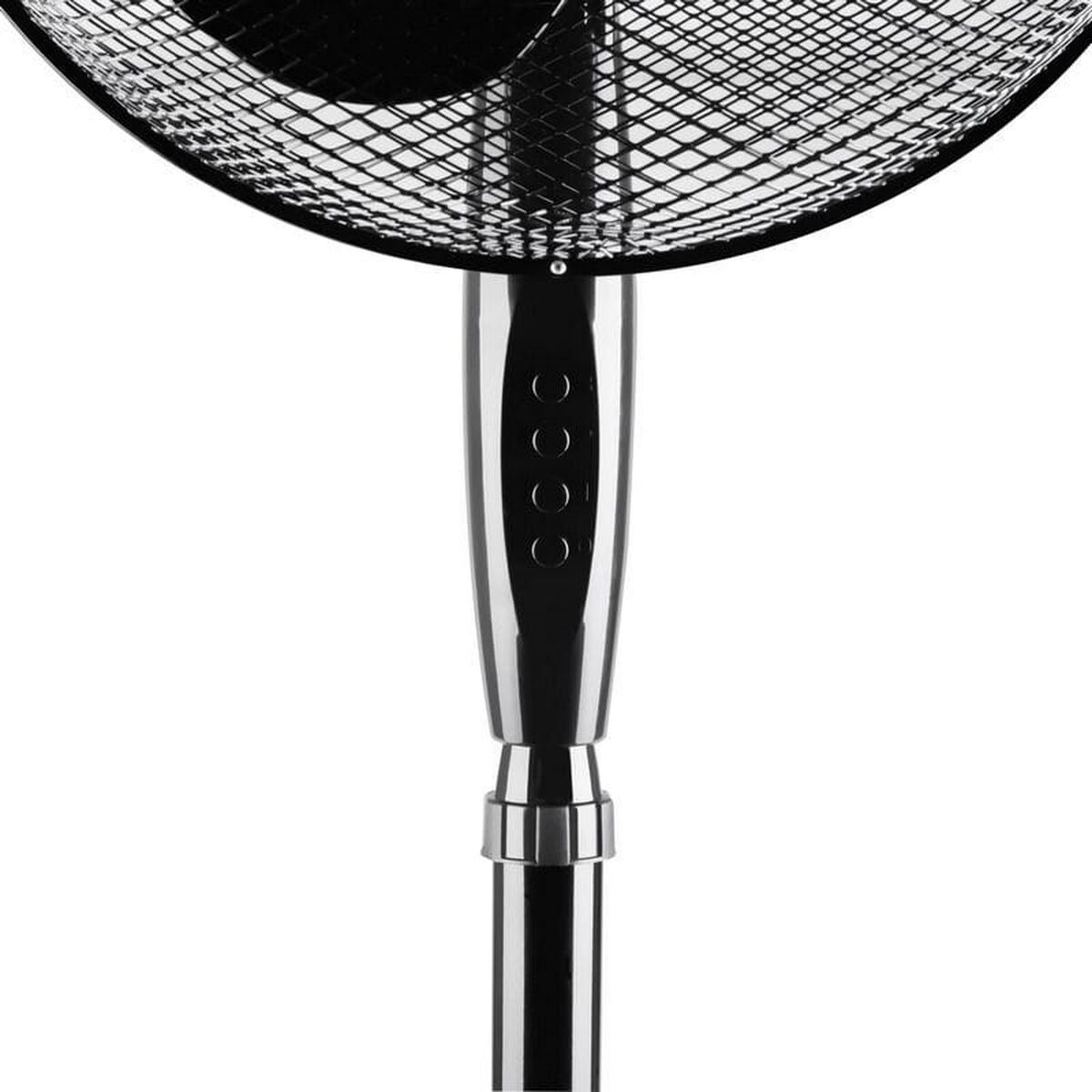 Close-up of a black oscillating fan's base and vertical support, against a white background.