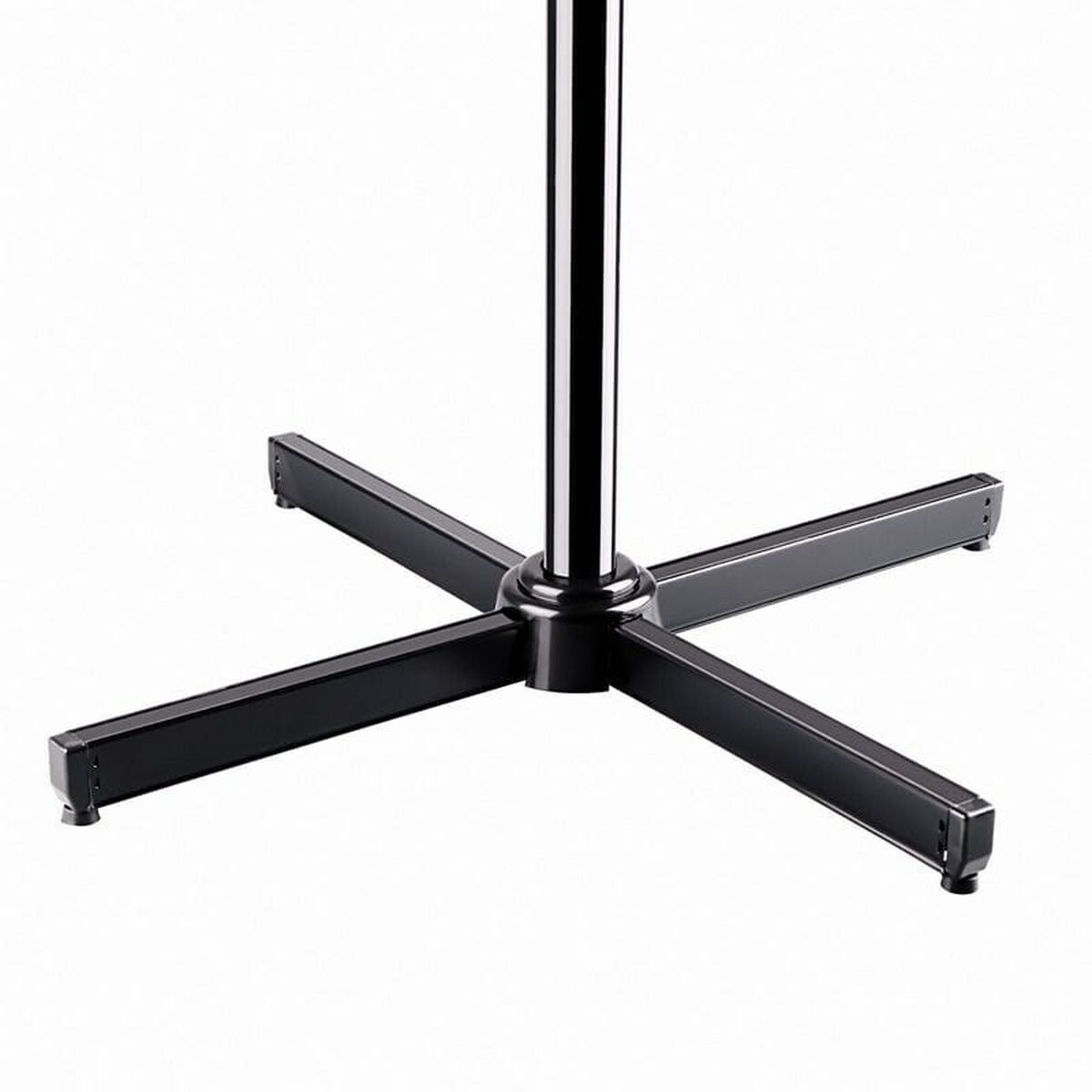 A black stand base with four legs extending outwards, a central pillar, white background.