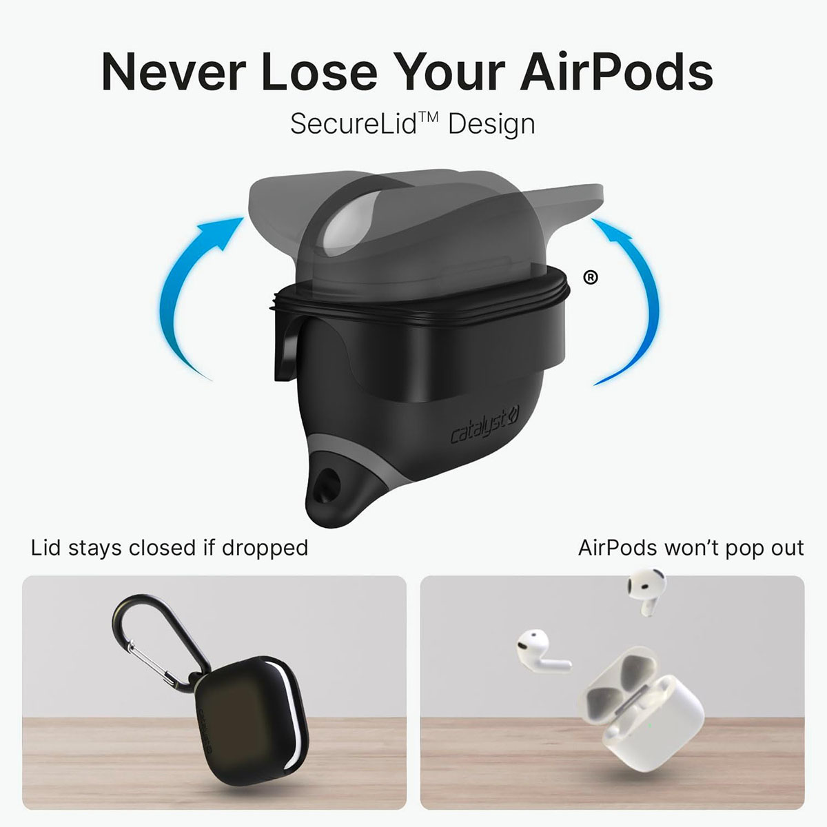 Ein Bild, das eine AirPods-Hülle mit befestigtem silbernen Karabiner zeigt. Text besagt, dass der Deckel bei Stürzen geschlossen bleibt.