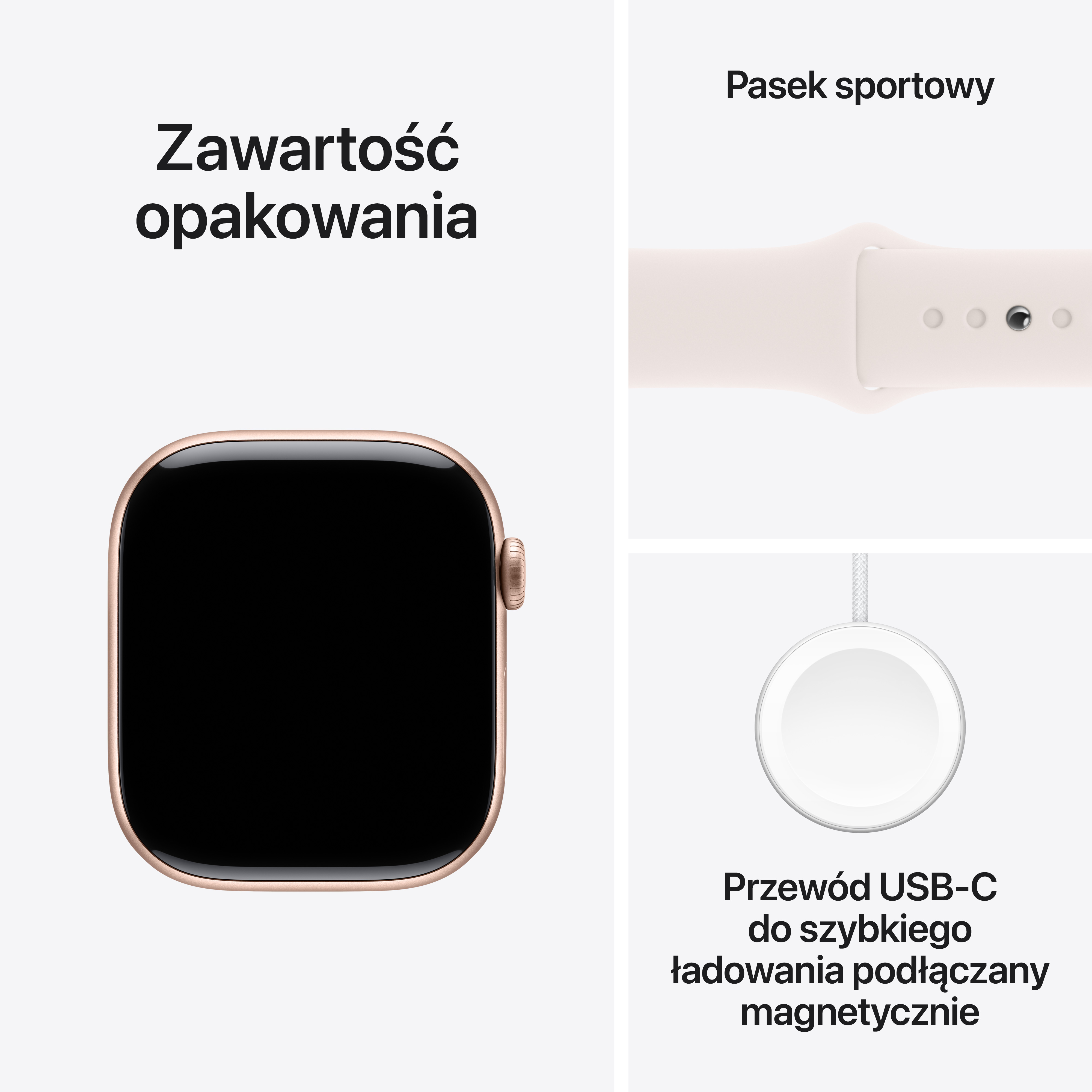 Smartwatch, pasek sportowy i kabel ładujący USB-C.