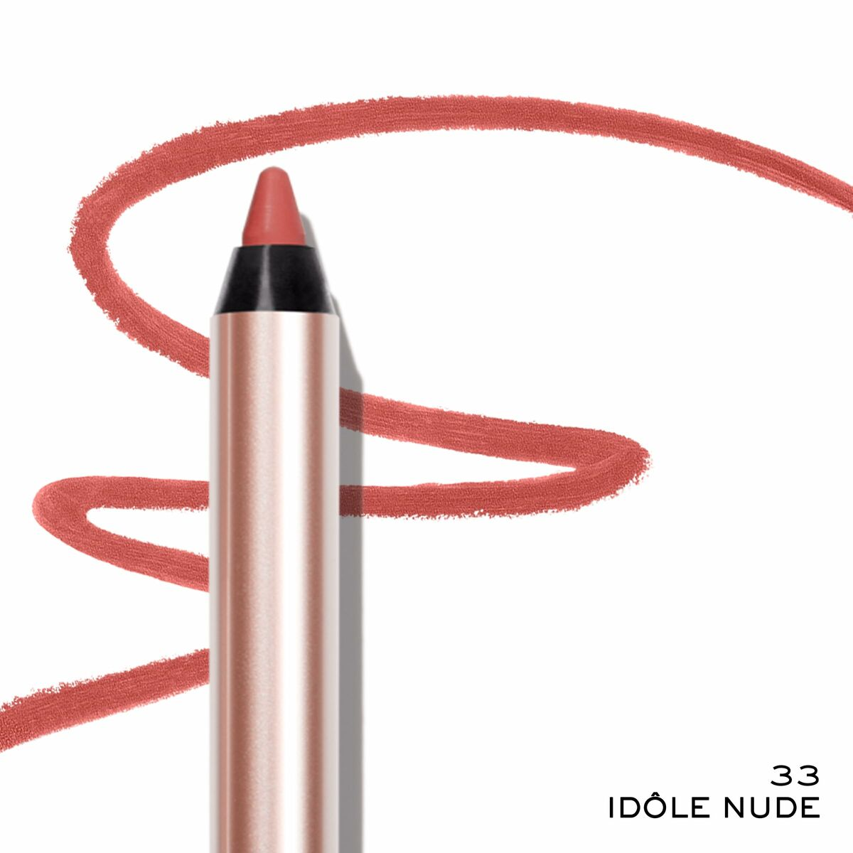 Nahaufnahme eines Lippenstiftstifts und einer passenden korallenfarbenen Linie auf weißem Hintergrund.