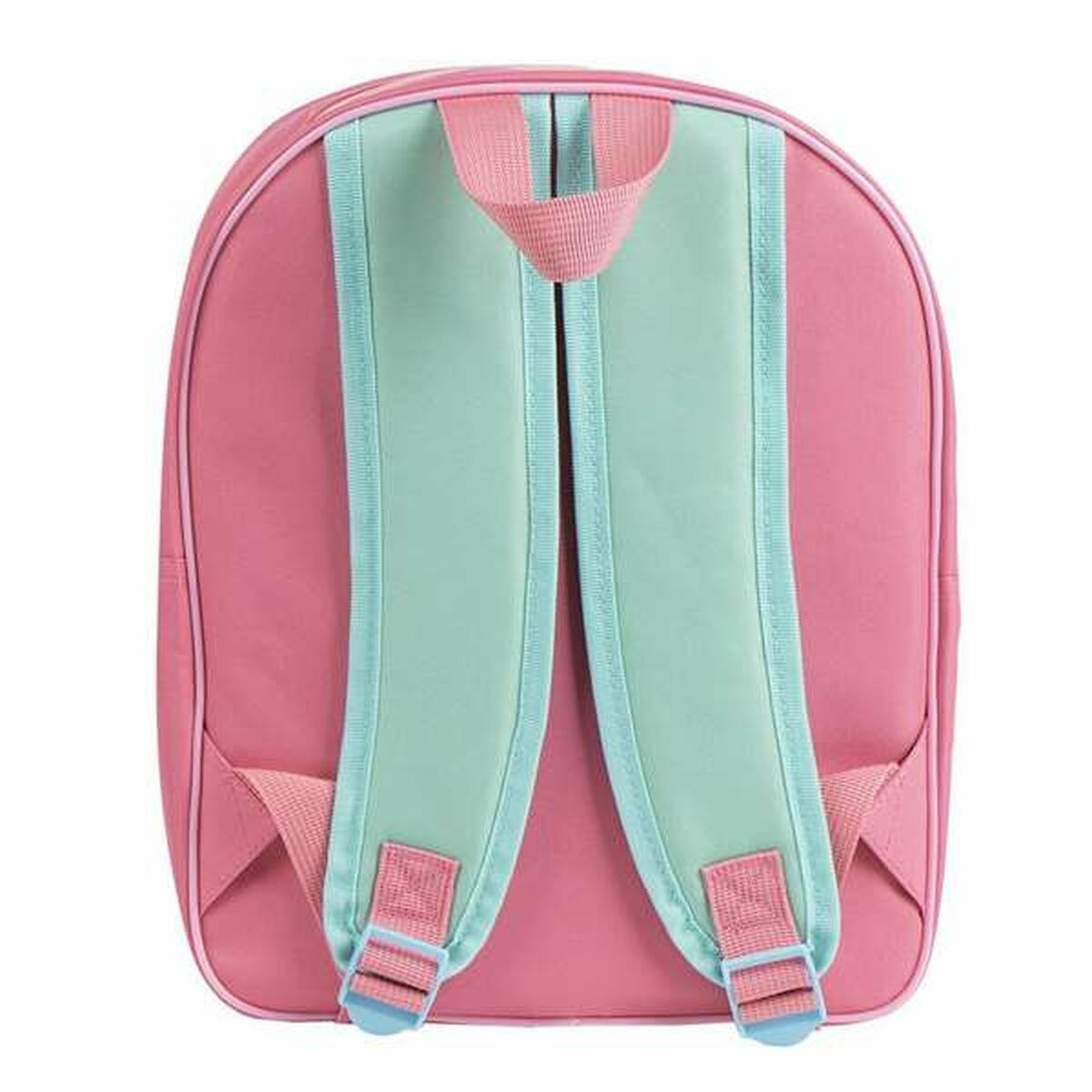Die Rückansicht eines pinkfarbenen Rucksacks mit hellblauen Trägern und pinkfarbenen Akzenten. Die Träger haben blaue Schnallen.