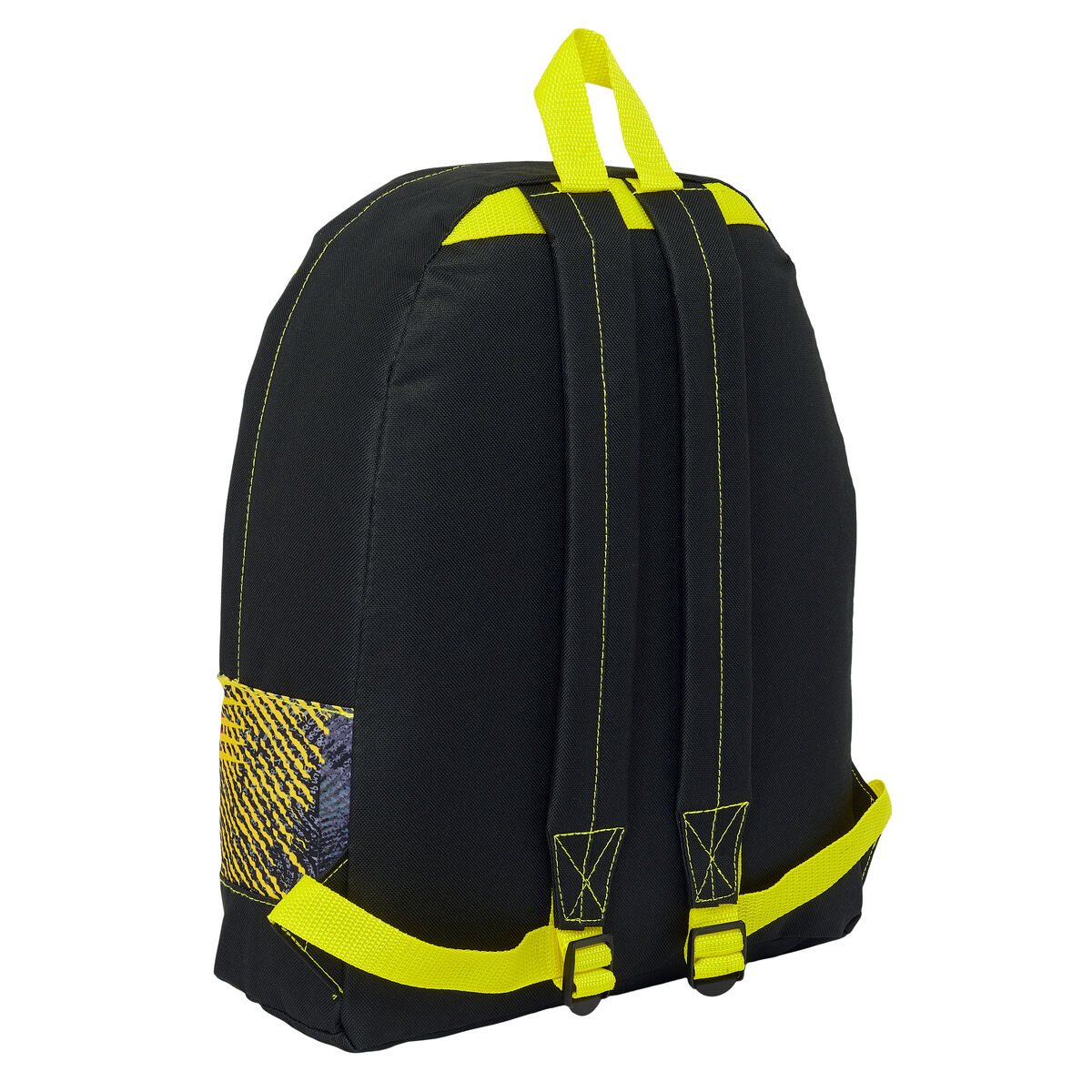 Rückseite eines schwarzen Rucksacks mit gelben Akzenten, einer Seitentasche und gelben Trägern.