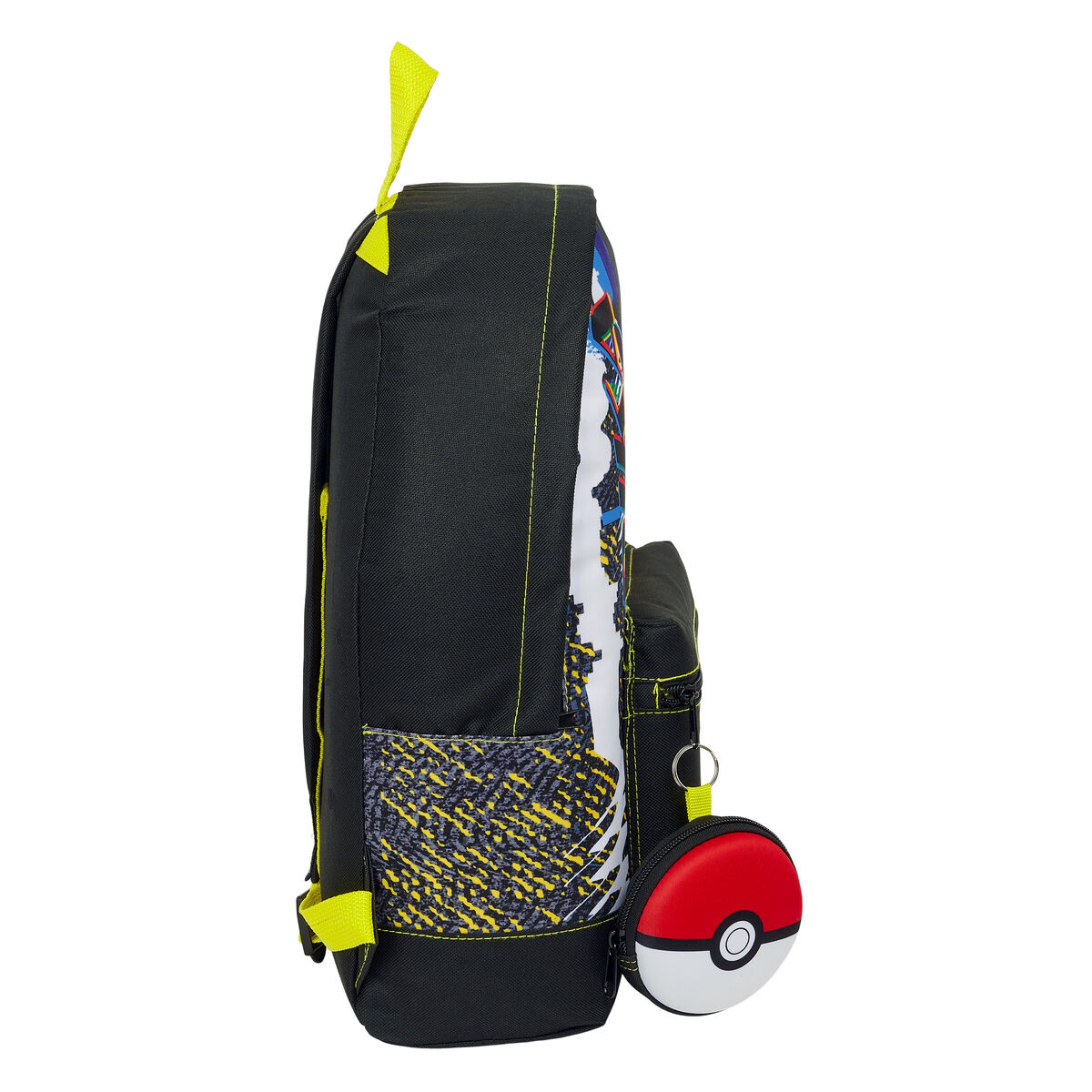 Schwarzer Rucksack mit gelben Akzenten, einer Seitentasche mit Design und einem Münzbeutel im Pokémon-Design.
