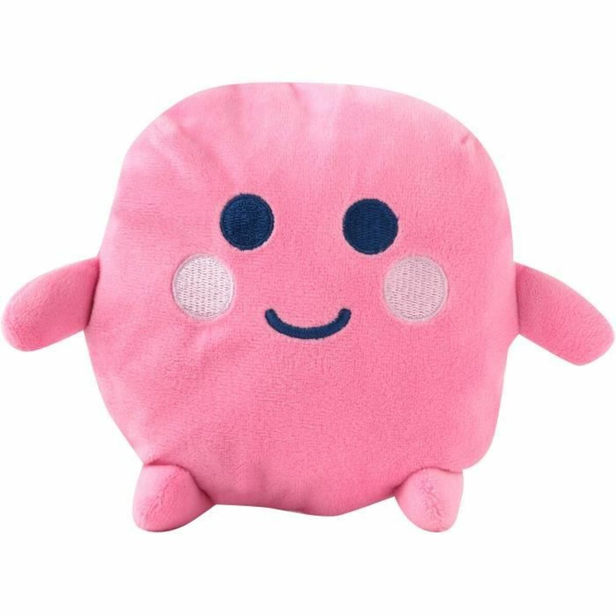 Une peluche rose avec un visage souriant, des yeux bleus, des cercles blancs sur les joues et de petits bras et pieds.