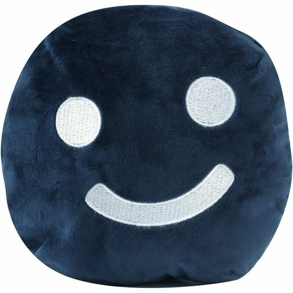 Une peluche bleu marine en forme de cercle avec un visage souriant, des yeux et une bouche blancs.