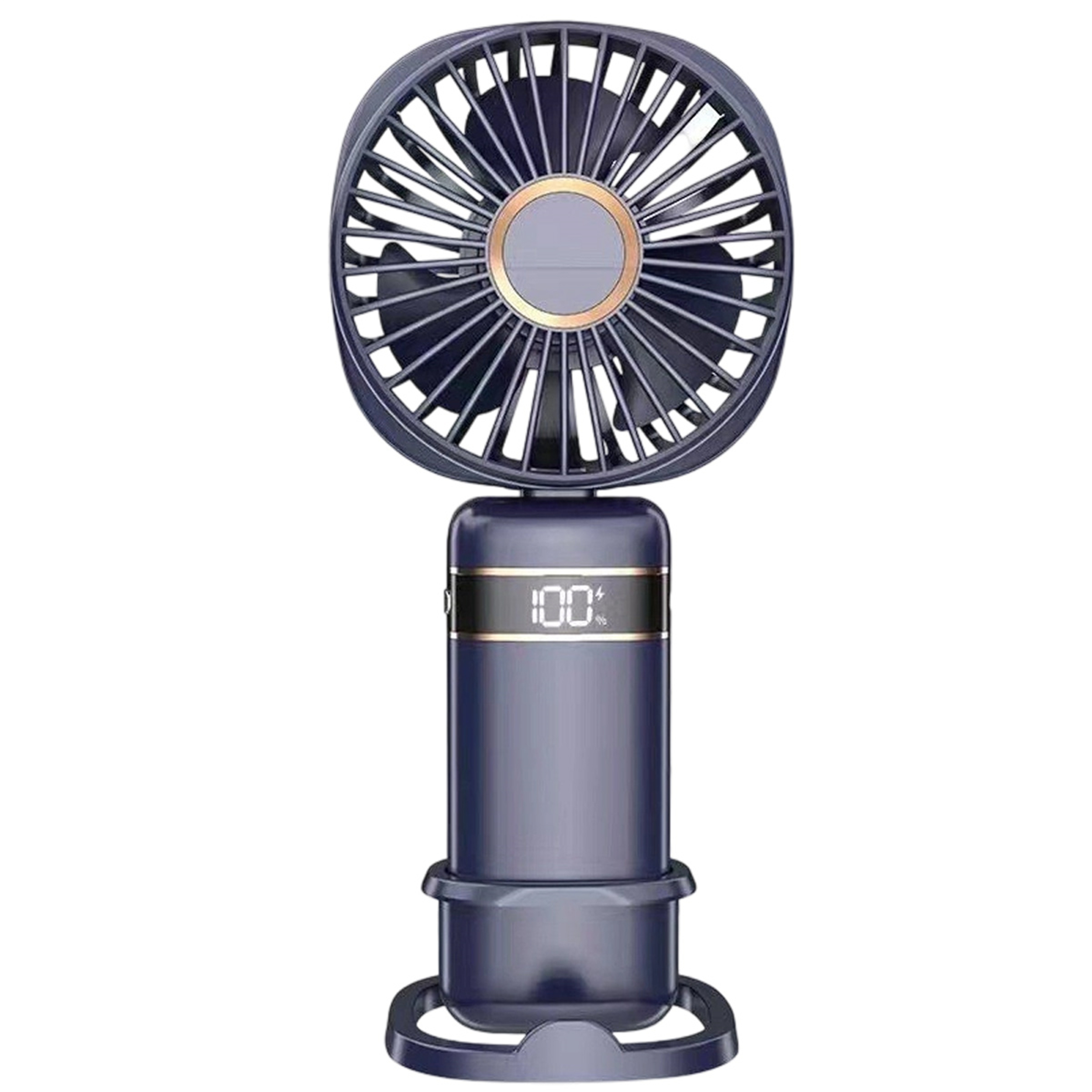 Ein dunkelblauer tragbarer Ventilator mit digitaler Anzeige (100 % Akku), rundem Ventilator und Sockel.