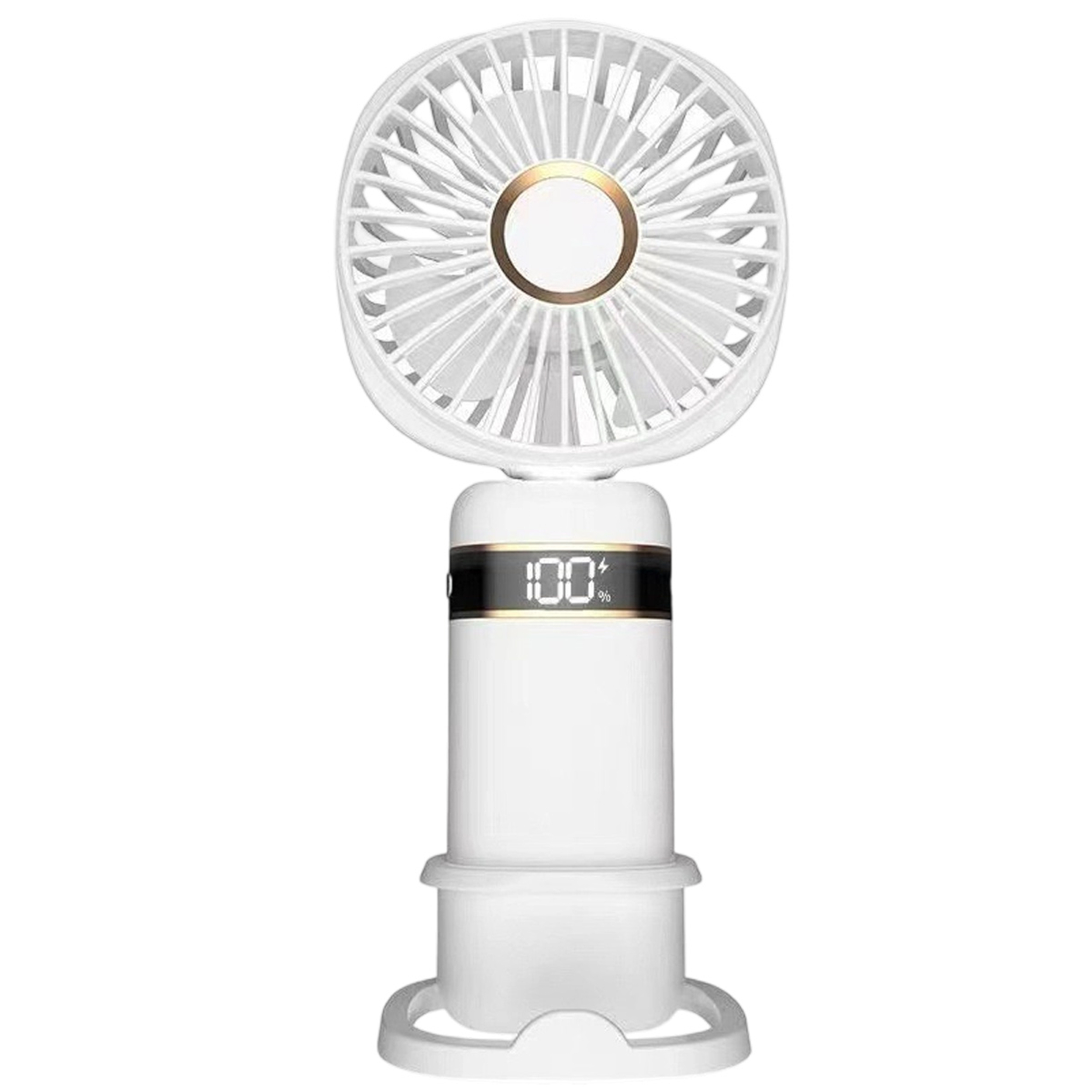 Ein weißer tragbarer Ventilator mit digitaler Anzeige (100 % Akku), rundem Ventilator und Sockel.