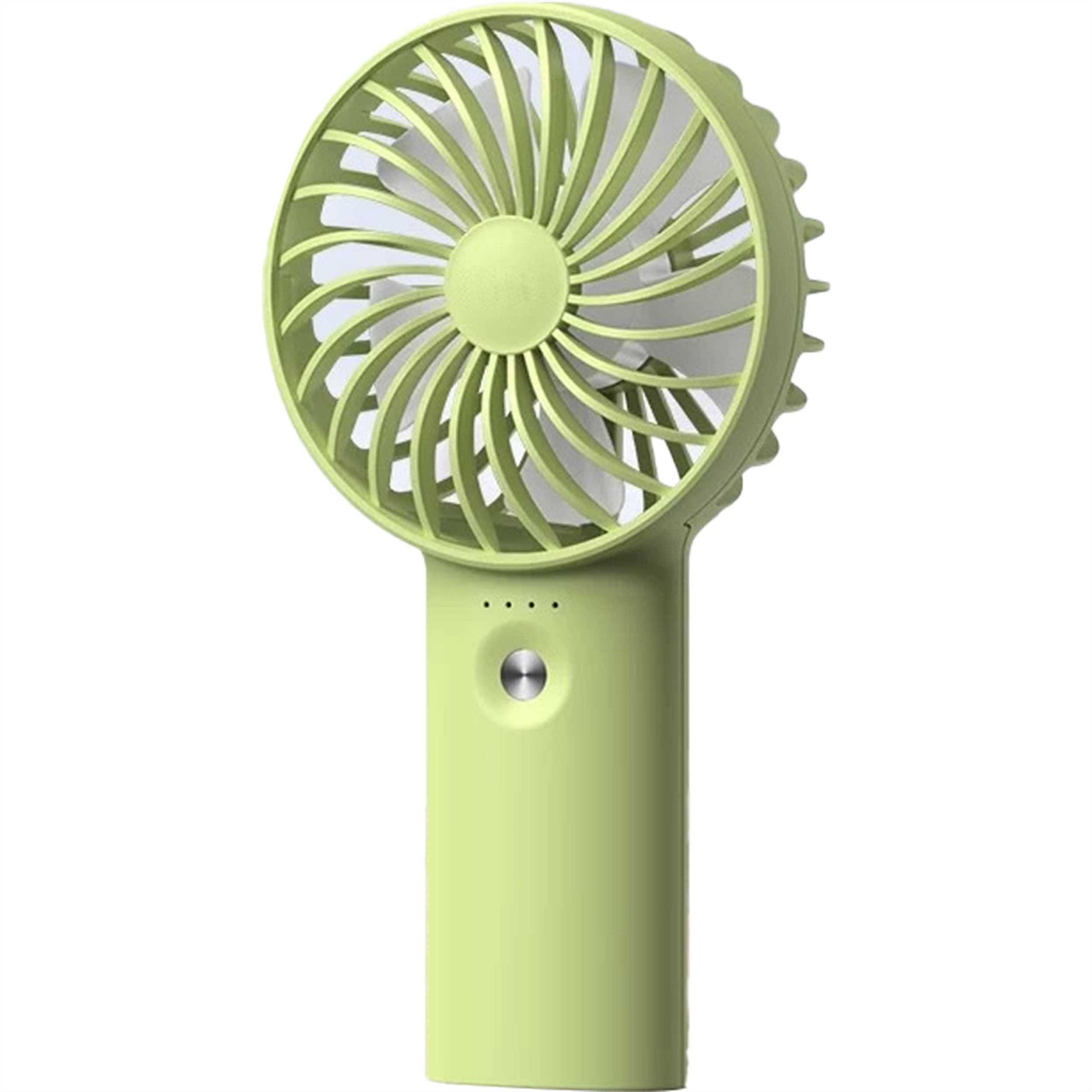 Ein grüner Handventilator mit kreisförmigem Lüfterblattdesign und Griff mit Knopf.