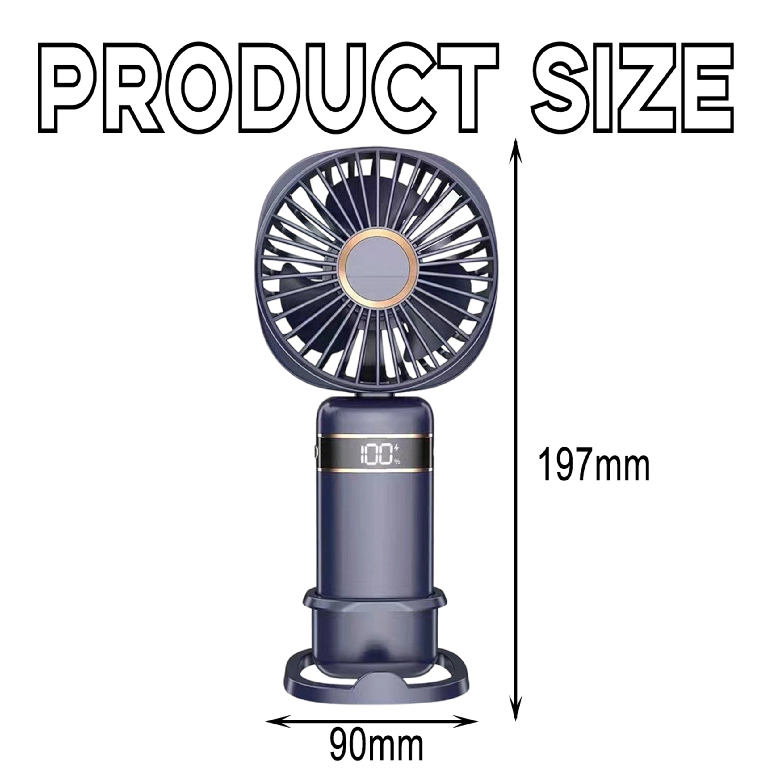 Die Produktgröße eines dunkelblauen tragbaren Ventilators. Er ist 197 mm hoch und 90 mm breit.