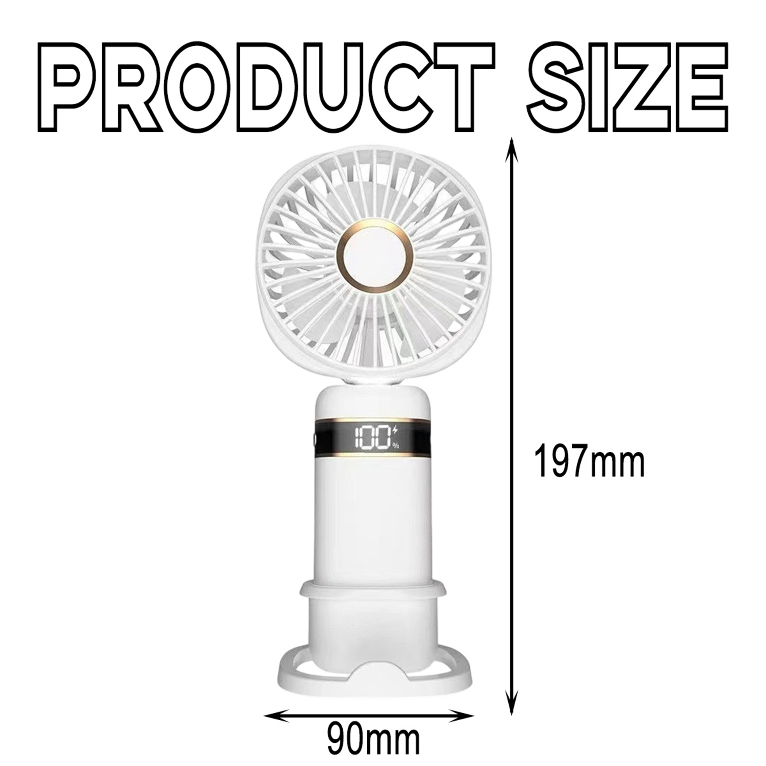 Die Produktgröße eines weißen tragbaren Ventilators. Er ist 197 mm hoch und 90 mm breit.