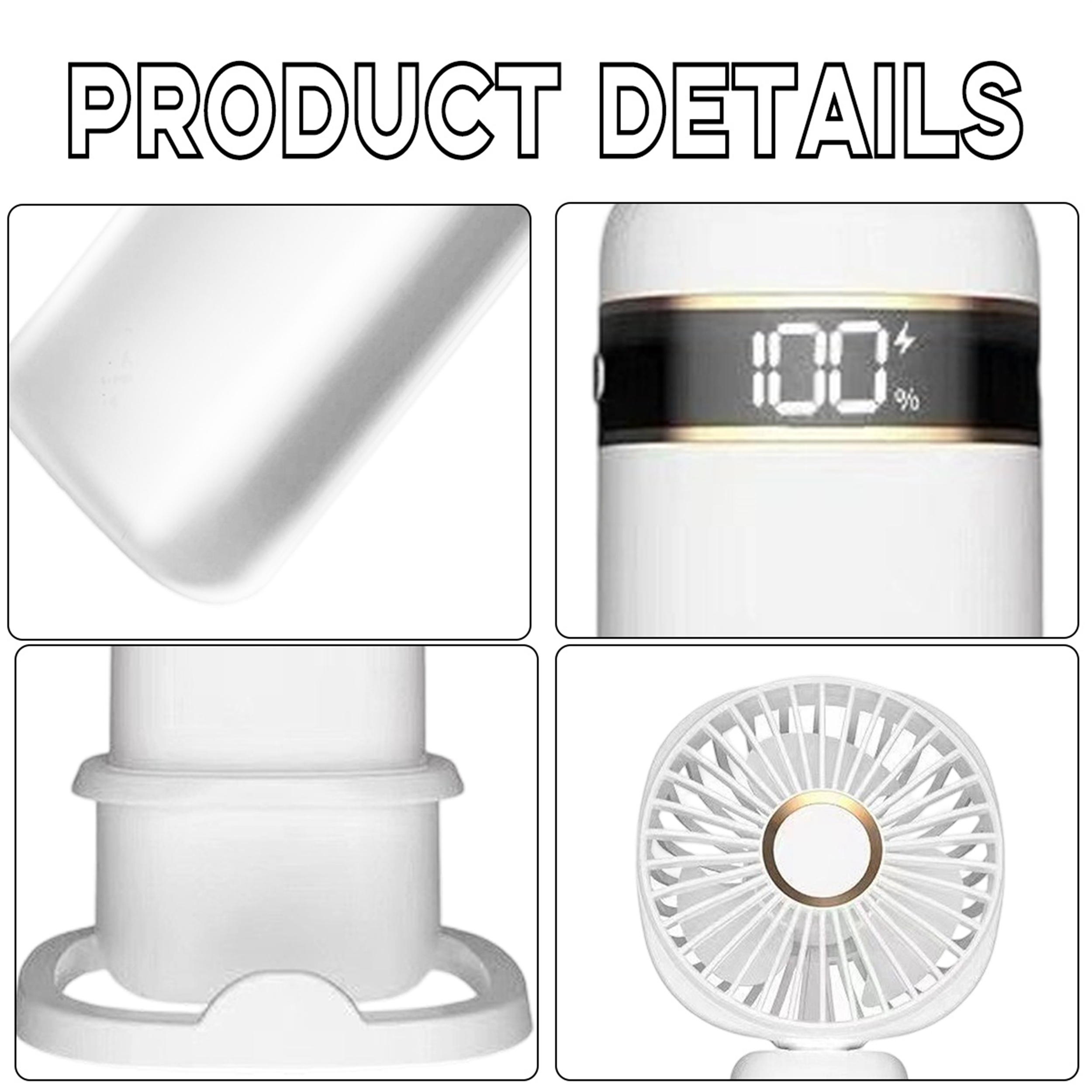 Nahaufnahmen von Produktdetails eines weißen tragbaren Ventilators, einschließlich Display, Basis und Lüfterflügeln.