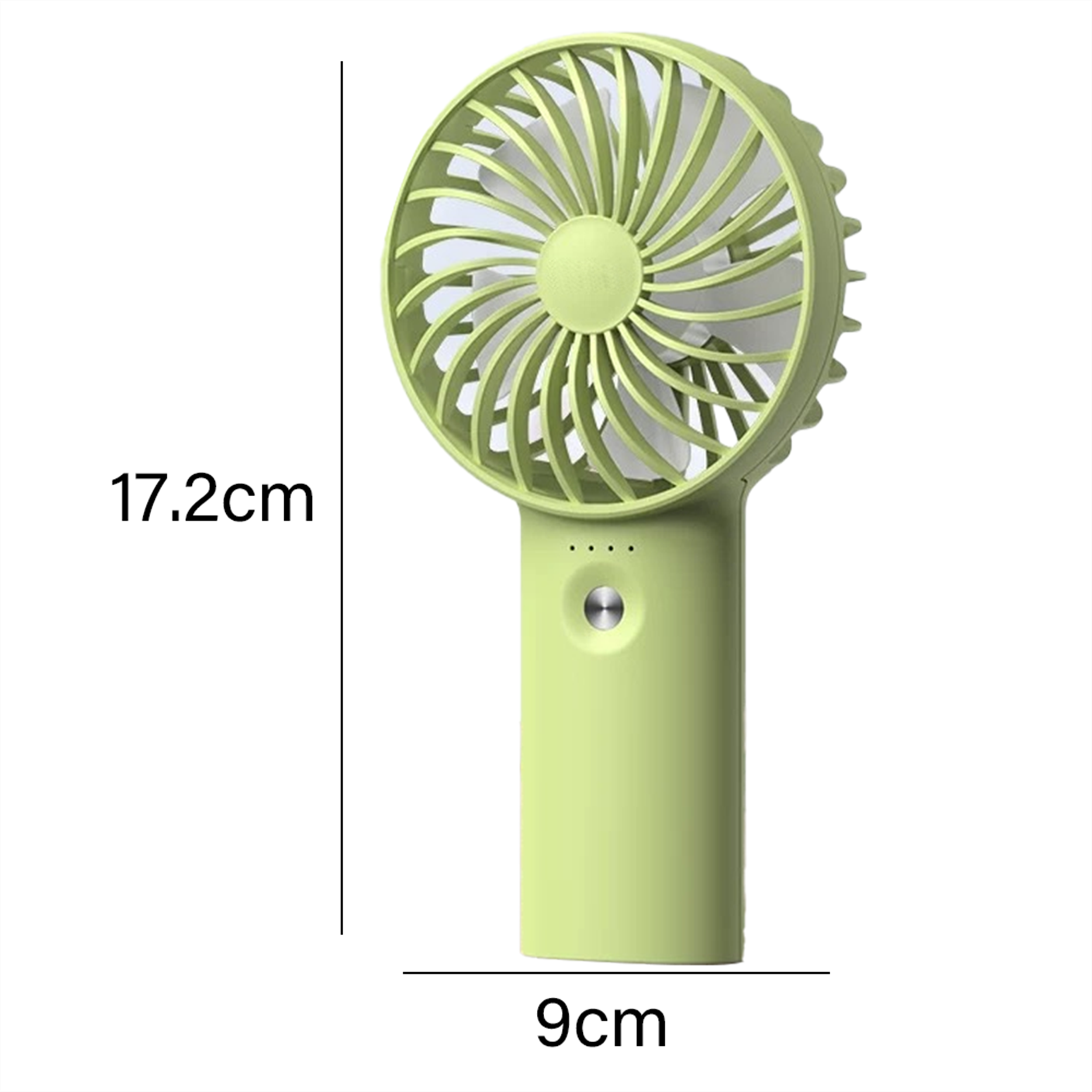 Ein grüner tragbarer Ventilator mit den Maßen 17,2 cm hoch und 9 cm breit.