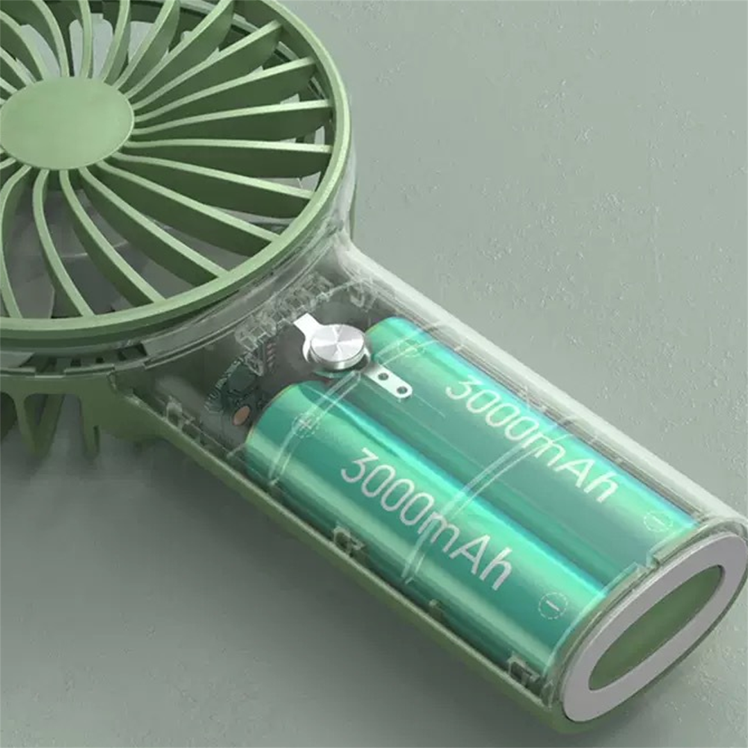 Ein transparenter Handventilator, der zwei 3000mAh-Batterien im Griff zeigt.