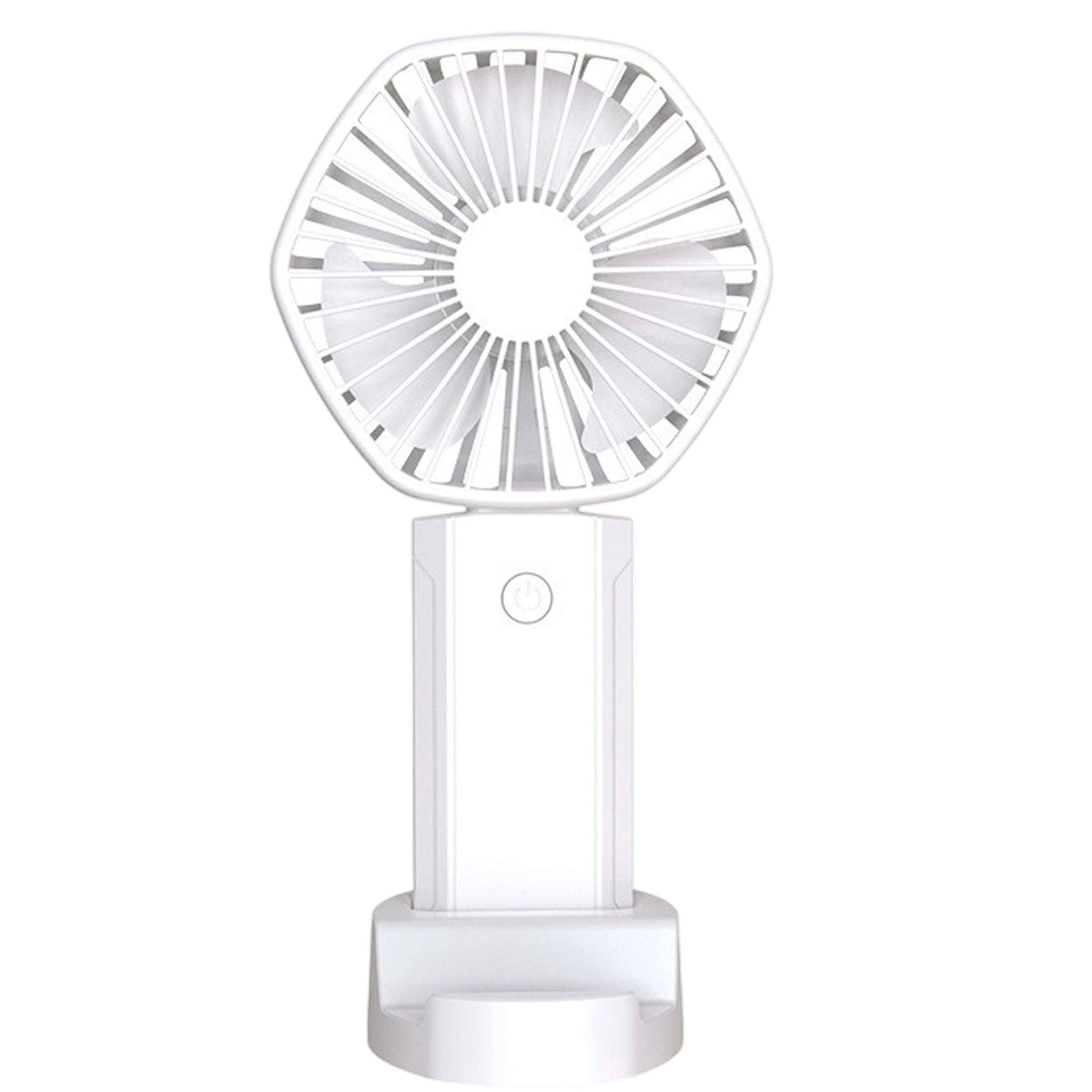 Weißer, tragbarer Ventilator auf einem Ständer. Der Ventilator hat ein kreisförmiges Grilldesign.