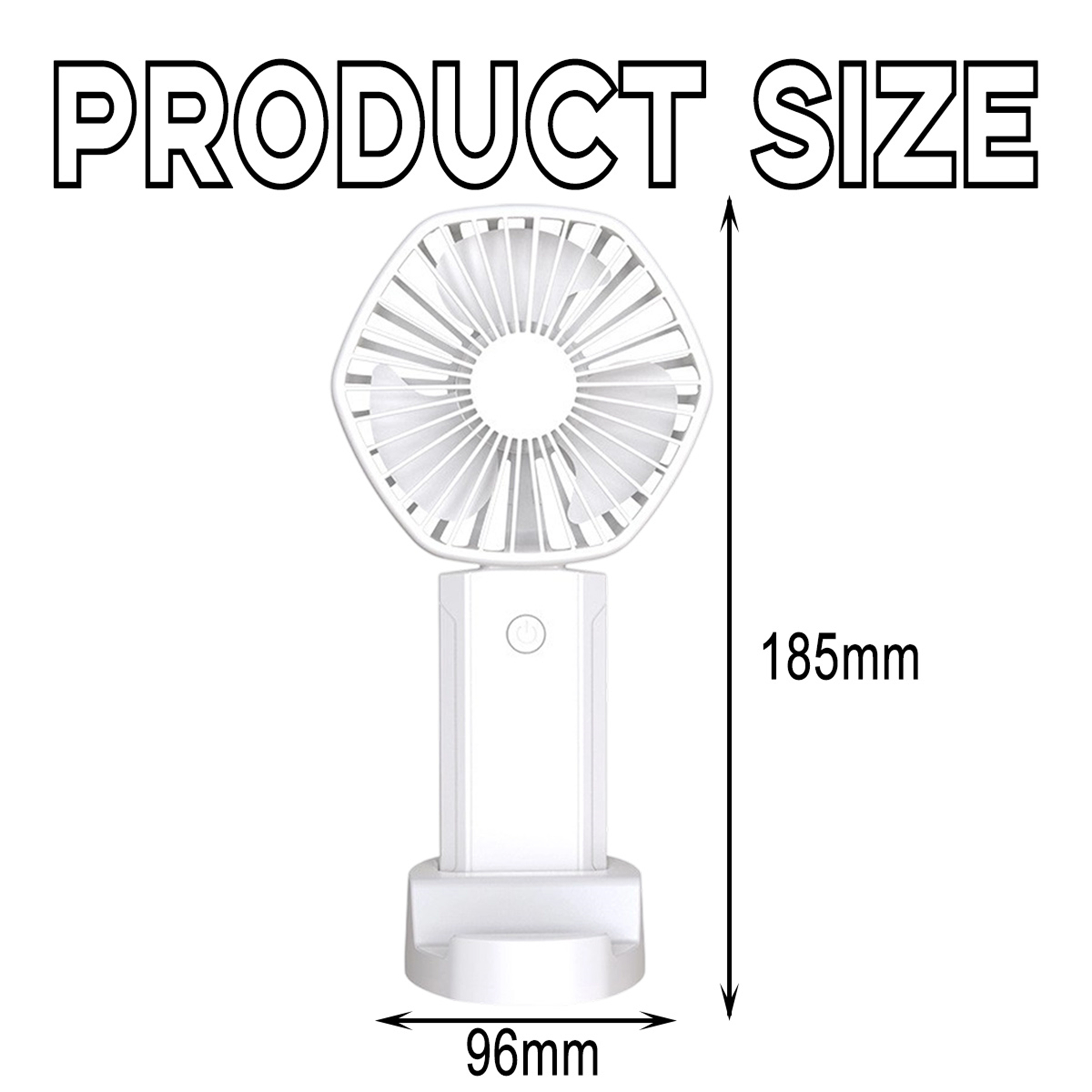 Weißer Handventilator mit Maßen: 185 mm Höhe, 96 mm Breite. Die Abmessungen sind deutlich dargestellt.