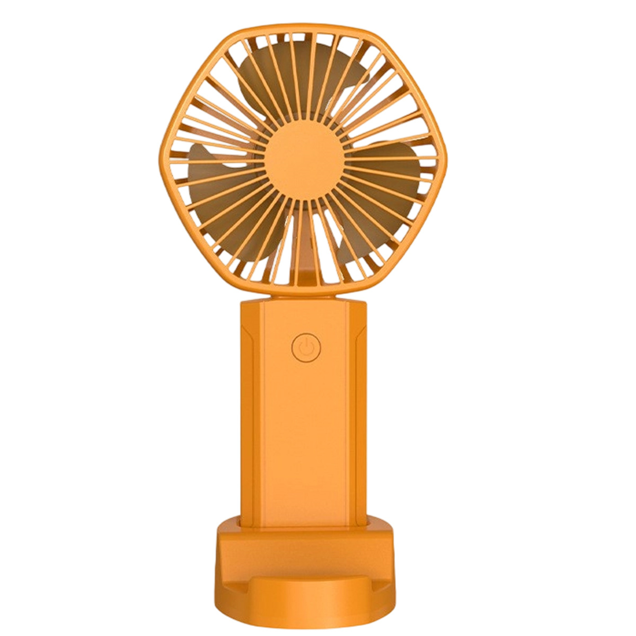Ein orangefarbener Handventilator. Der Ventilator steht aufrecht, die Flügel sind sichtbar. Ein Knopf ist vorne.