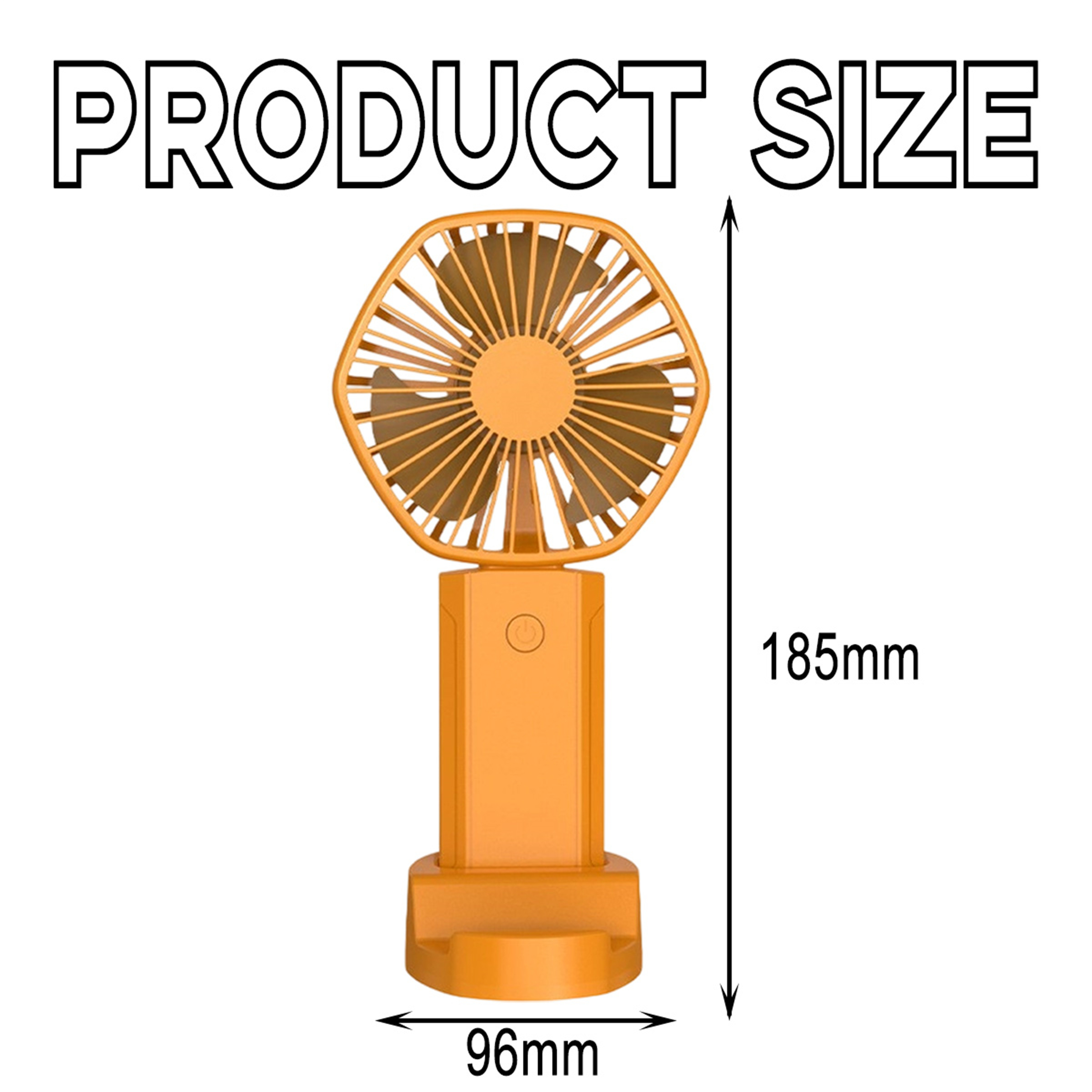Oranger Handventilator mit Maßangaben auf weißem Hintergrund. Der Ventilator hat einen Ständer.