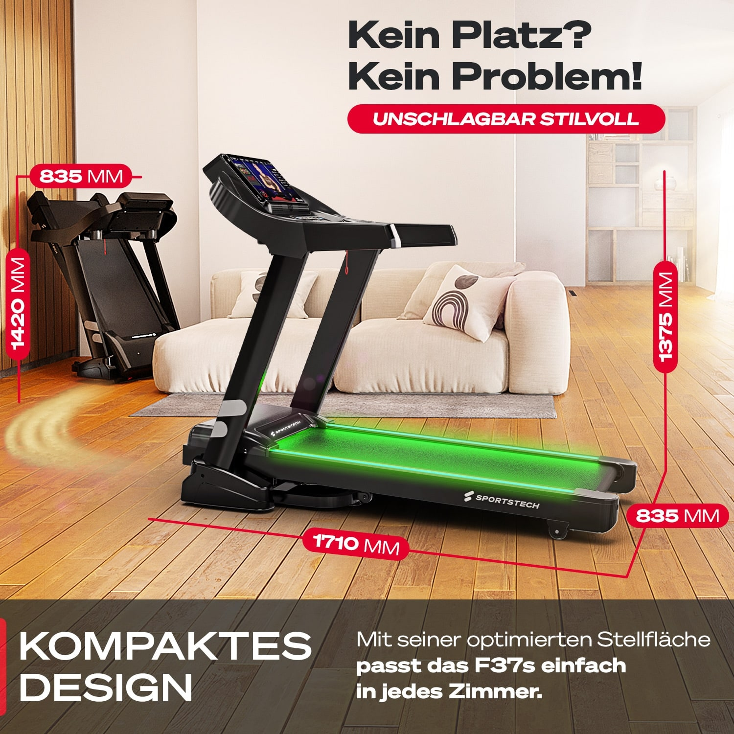 Ein Laufband, das Abmessungen zeigt. Das Laufband ist schwarz. Text auf Deutsch beschreibt das Design.