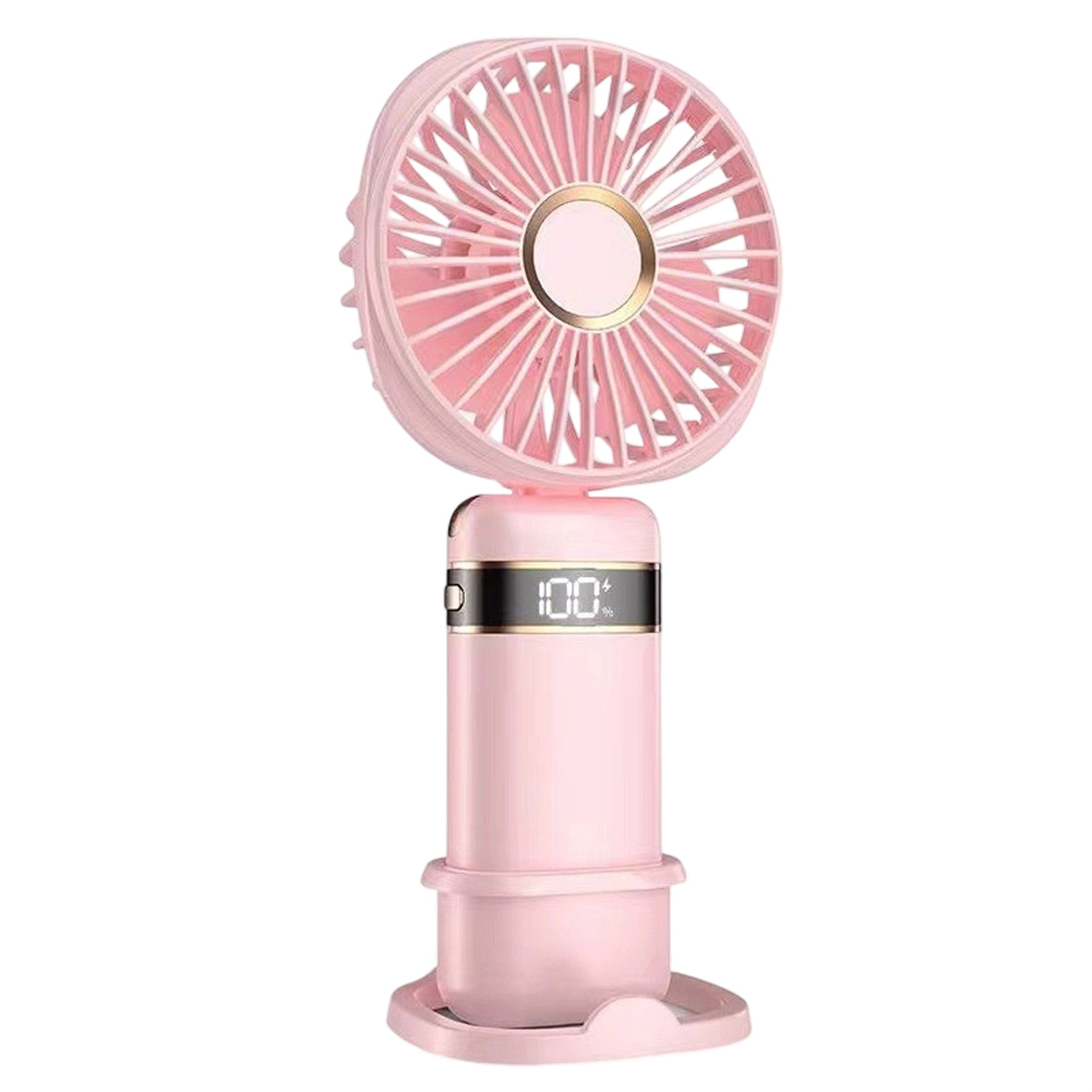 Rosa Handventilator mit digitaler Anzeige, die 100 % anzeigt. Der Ventilator hat einen rosa Sockel.